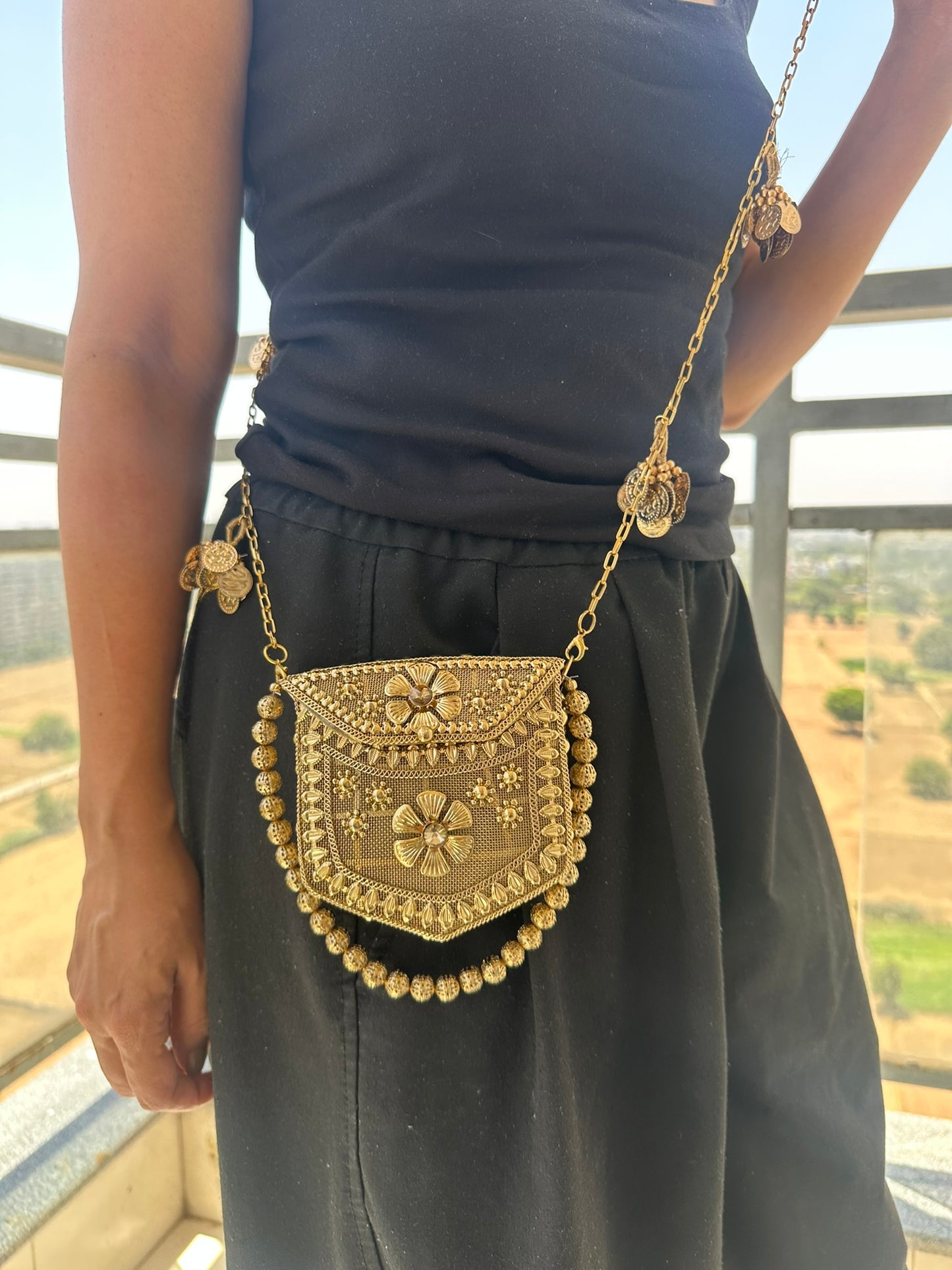 Handcrafted Antique Gold Micro Crossbody Bag • Nano Utility Pouch with Coin Charm Sling • Mini Floral Evening Wristlet • Tiny Indian Wedding Bag • 2-in-1 Festive Statement Purse Set