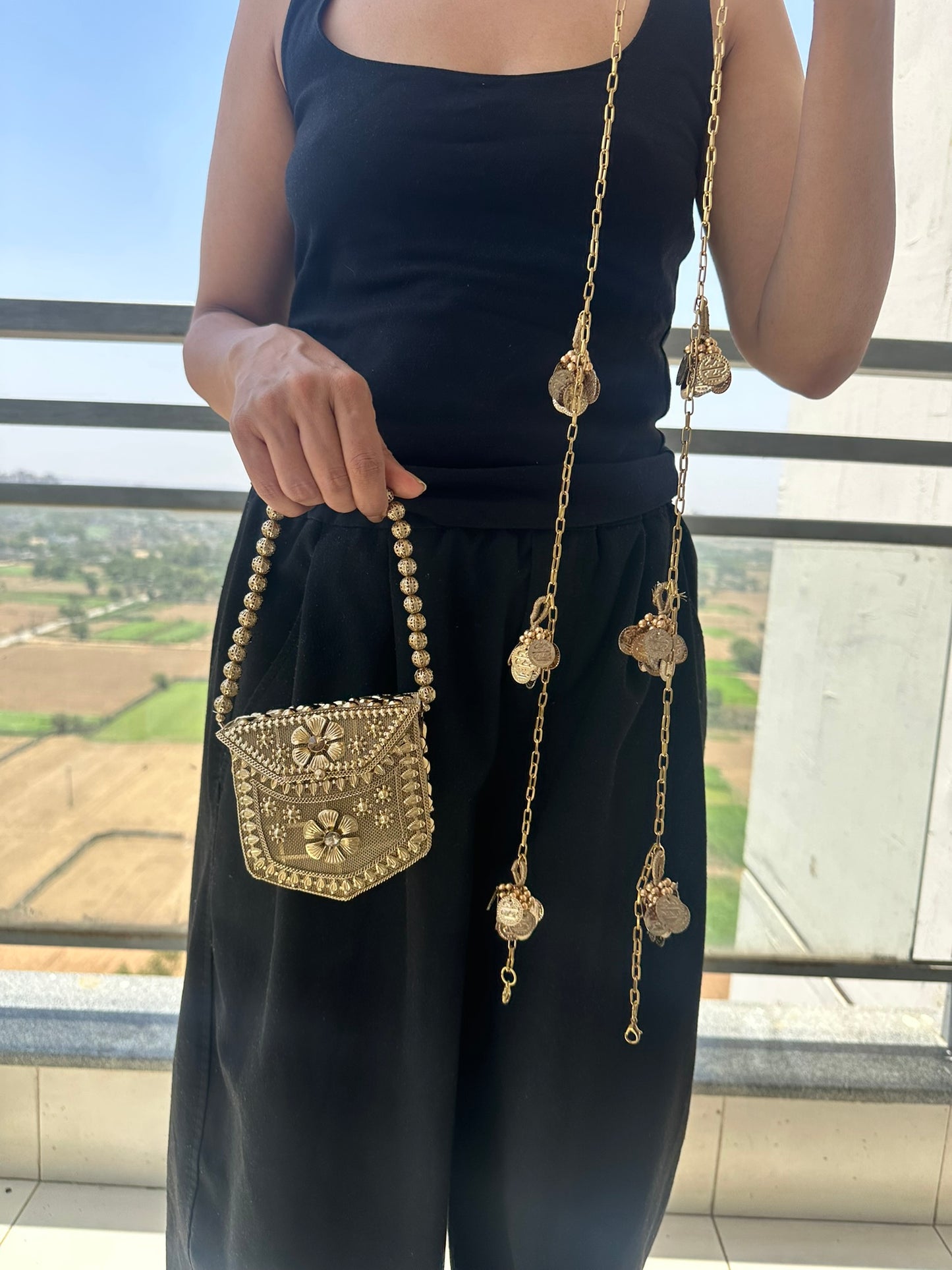 Handcrafted Antique Gold Micro Crossbody Bag • Nano Utility Pouch with Coin Charm Sling • Mini Floral Evening Wristlet • Tiny Indian Wedding Bag • 2-in-1 Festive Statement Purse Set