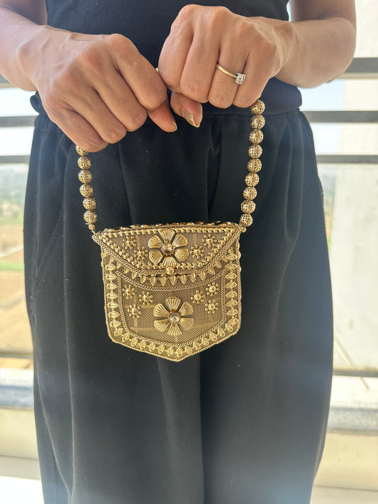 Handcrafted Antique Gold Micro Crossbody Bag • Nano Utility Pouch with Coin Charm Sling • Mini Floral Evening Wristlet • Tiny Indian Wedding Bag • 2-in-1 Festive Statement Purse Set