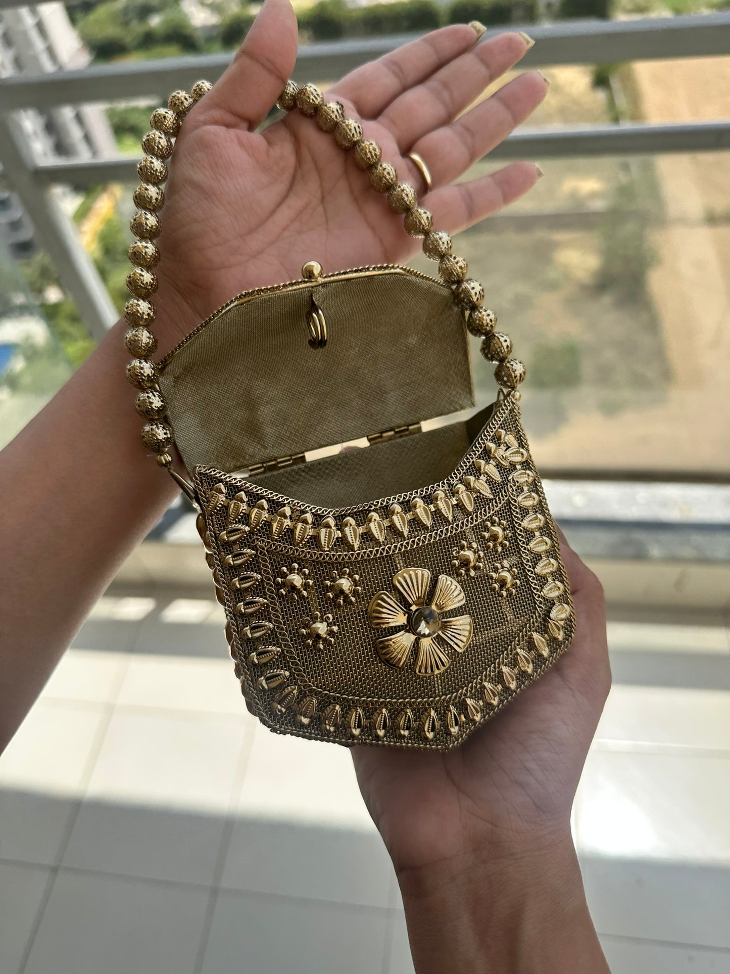 Handcrafted Antique Gold Micro Crossbody Bag • Nano Utility Pouch with Coin Charm Sling • Mini Floral Evening Wristlet • Tiny Indian Wedding Bag • 2-in-1 Festive Statement Purse Set