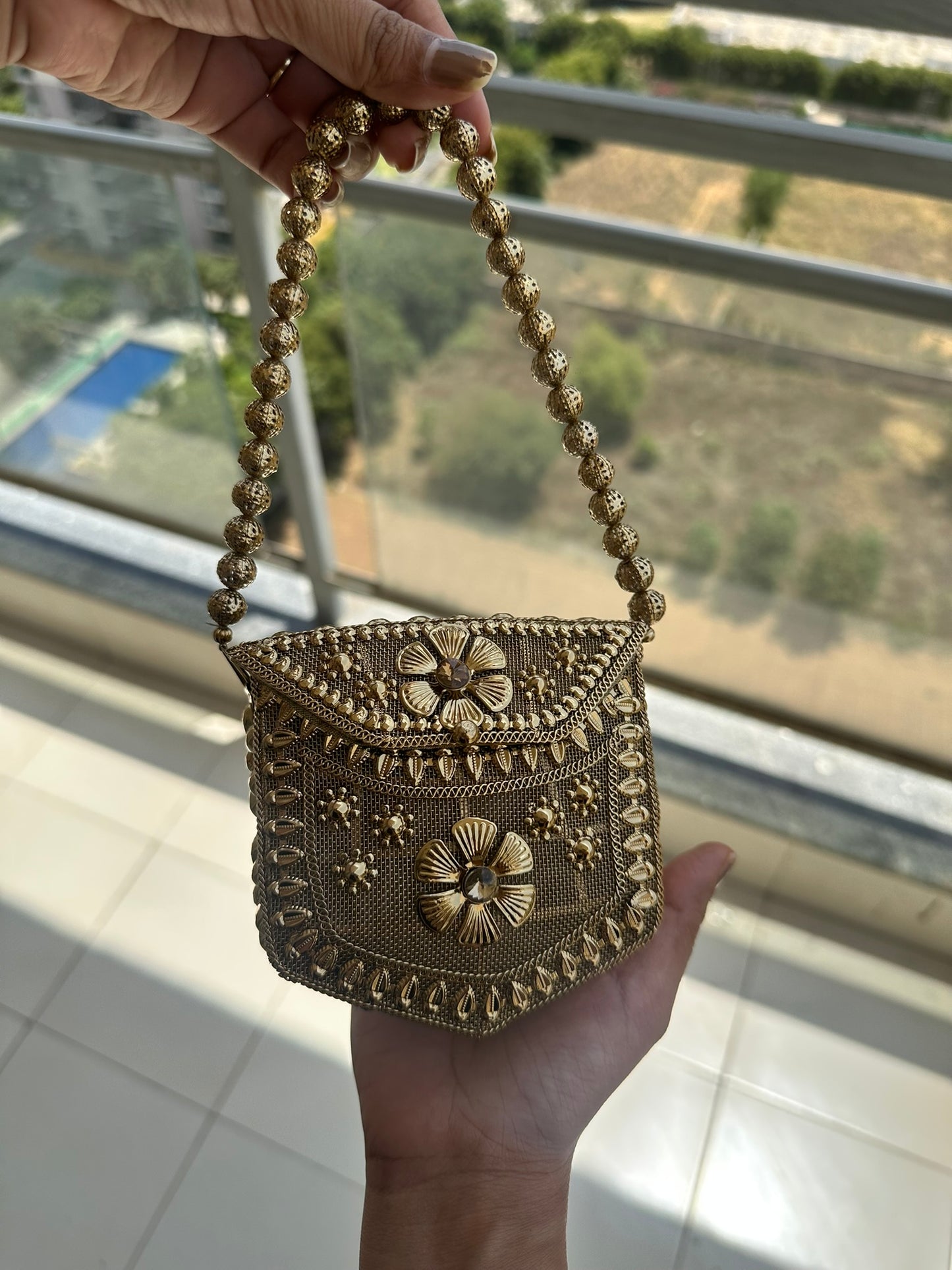 Handcrafted Antique Gold Micro Crossbody Bag • Nano Utility Pouch with Coin Charm Sling • Mini Floral Evening Wristlet • Tiny Indian Wedding Bag • 2-in-1 Festive Statement Purse Set