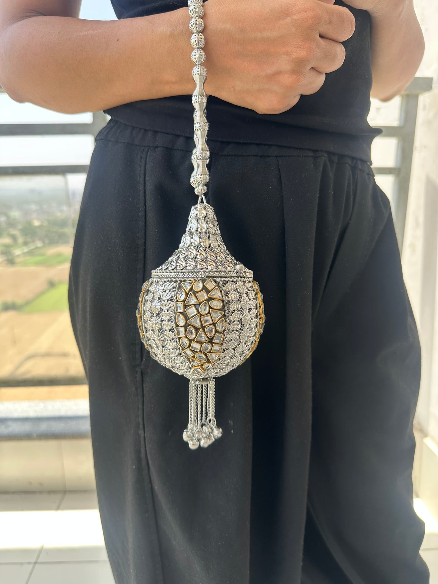 Handcrafted Antique Dome Clutch Bag • Royal Mirror Mosaic Encrusted Orb Purse • Mughal Style Teardrop Potli Bag • Statement Bridal Wedding Clutch