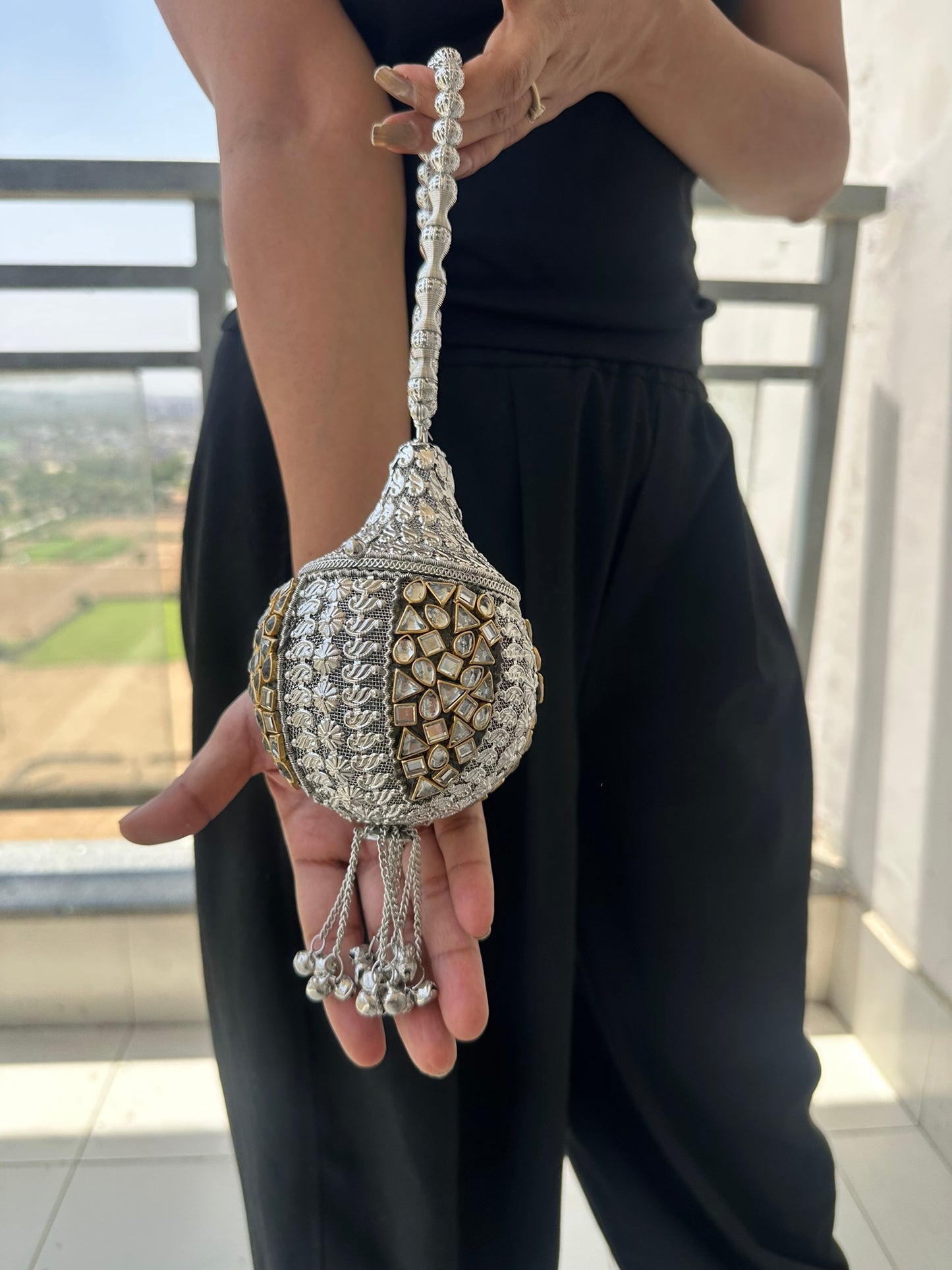 Handcrafted Antique Dome Clutch Bag • Royal Mirror Mosaic Encrusted Orb Purse • Mughal Style Teardrop Potli Bag • Statement Bridal Wedding Clutch