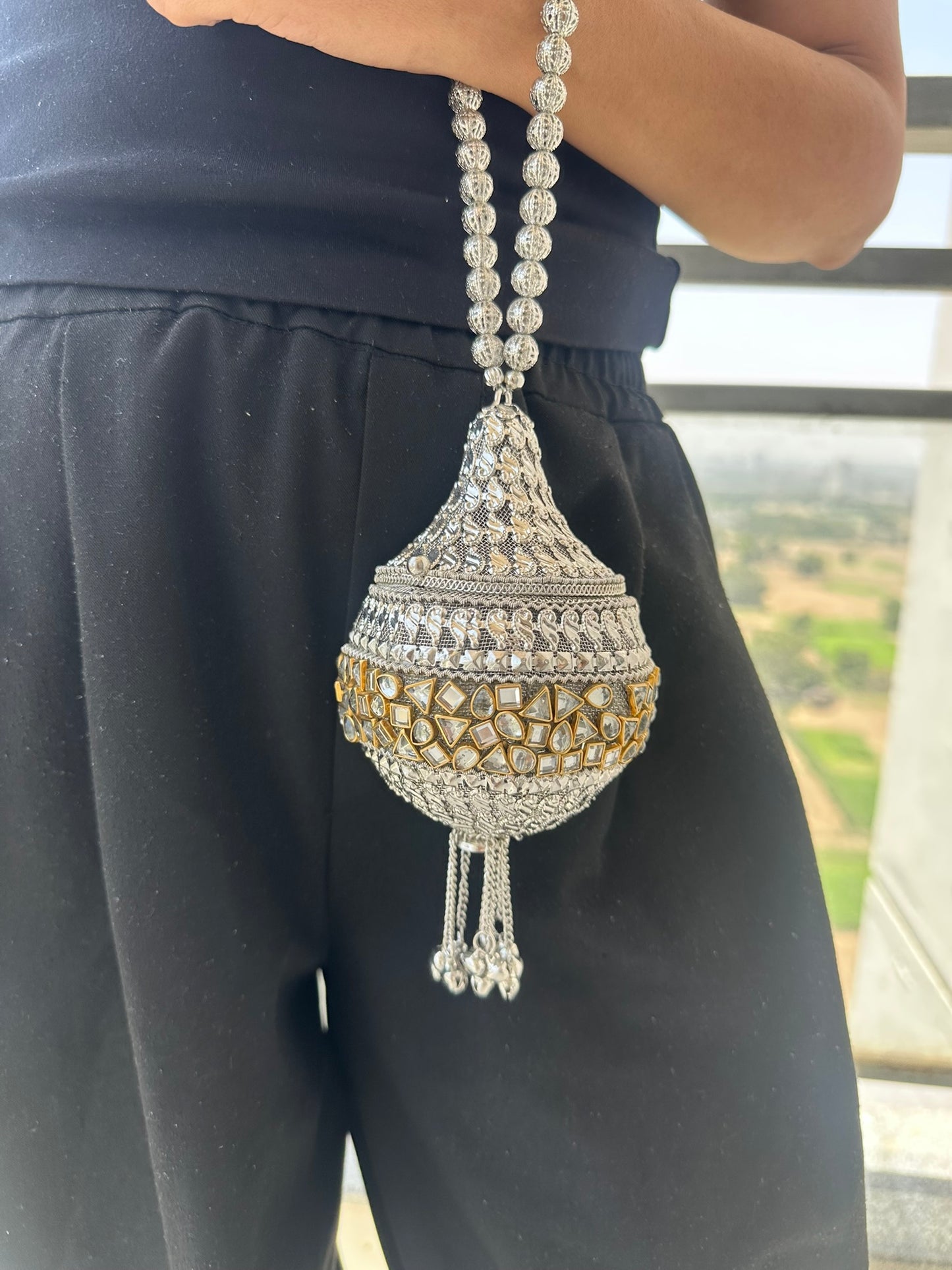 Handcrafted Antique Dome Clutch Bag • Royal Mirror Mosaic Encrusted Orb Purse • Mughal Style Teardrop Potli Bag • Statement Bridal Wedding Clutch