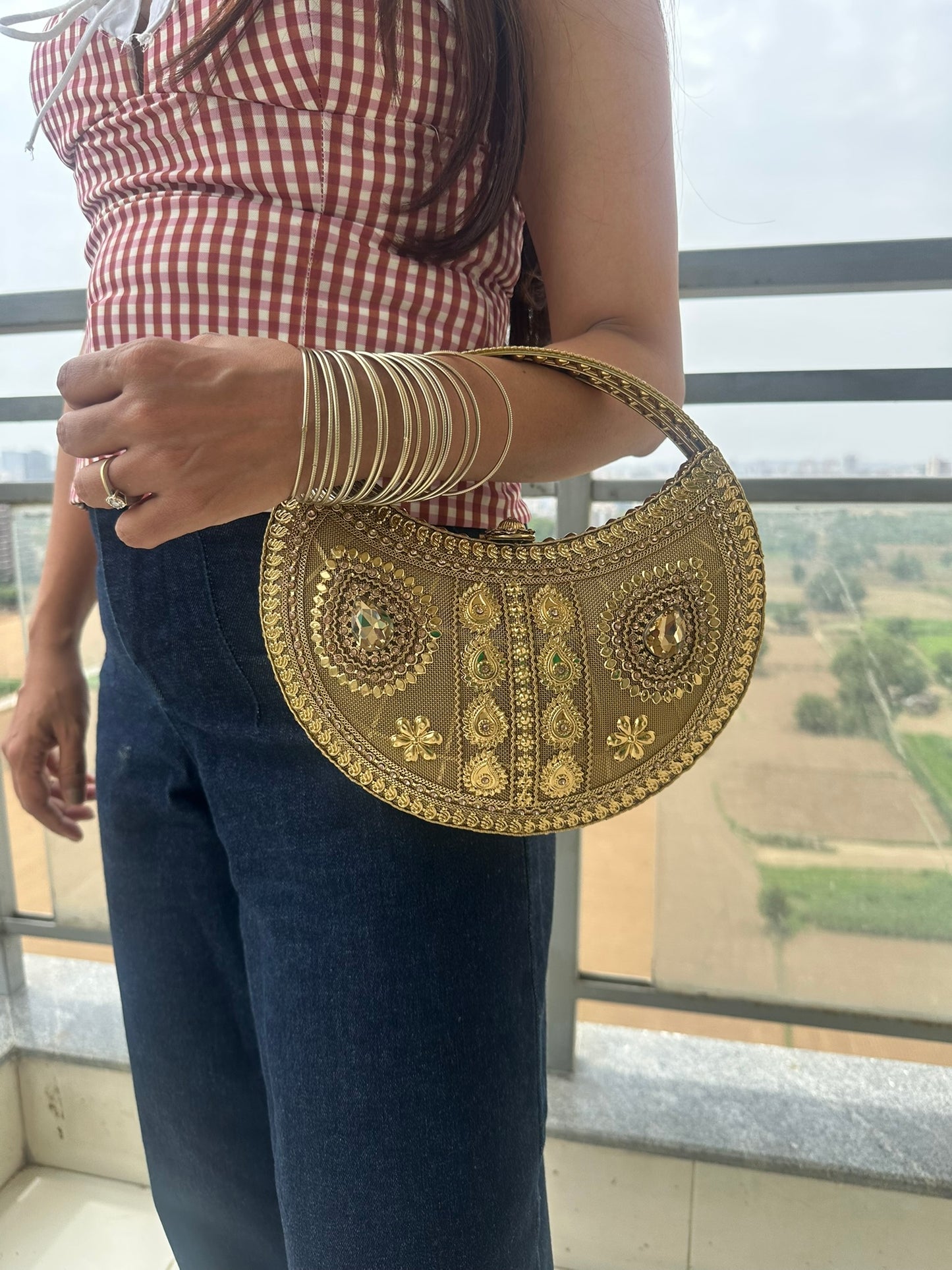 Luxury Handcrafted Gold Crescent Clutch with Intricate Zardozi Embroidery