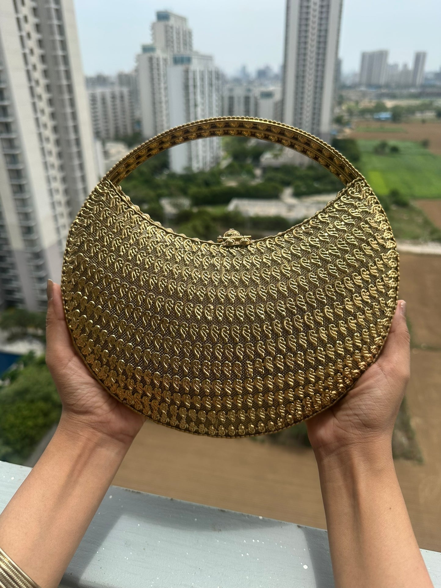 Luxury Handcrafted Gold Crescent Clutch with Intricate Zardozi Embroidery
