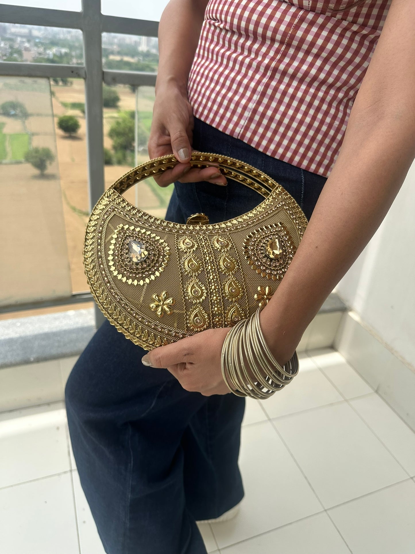 Luxury Handcrafted Gold Crescent Clutch with Intricate Zardozi Embroidery