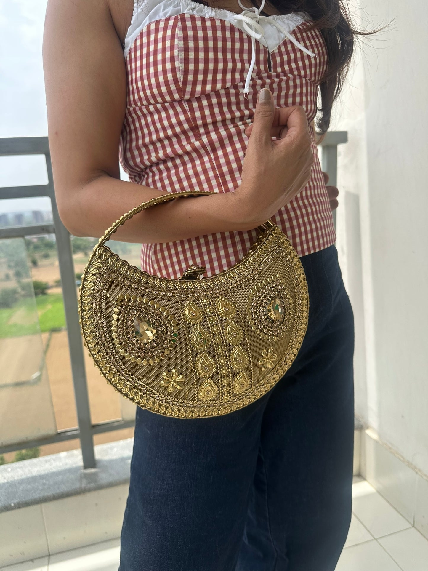 Luxury Handcrafted Gold Crescent Clutch with Intricate Zardozi Embroidery