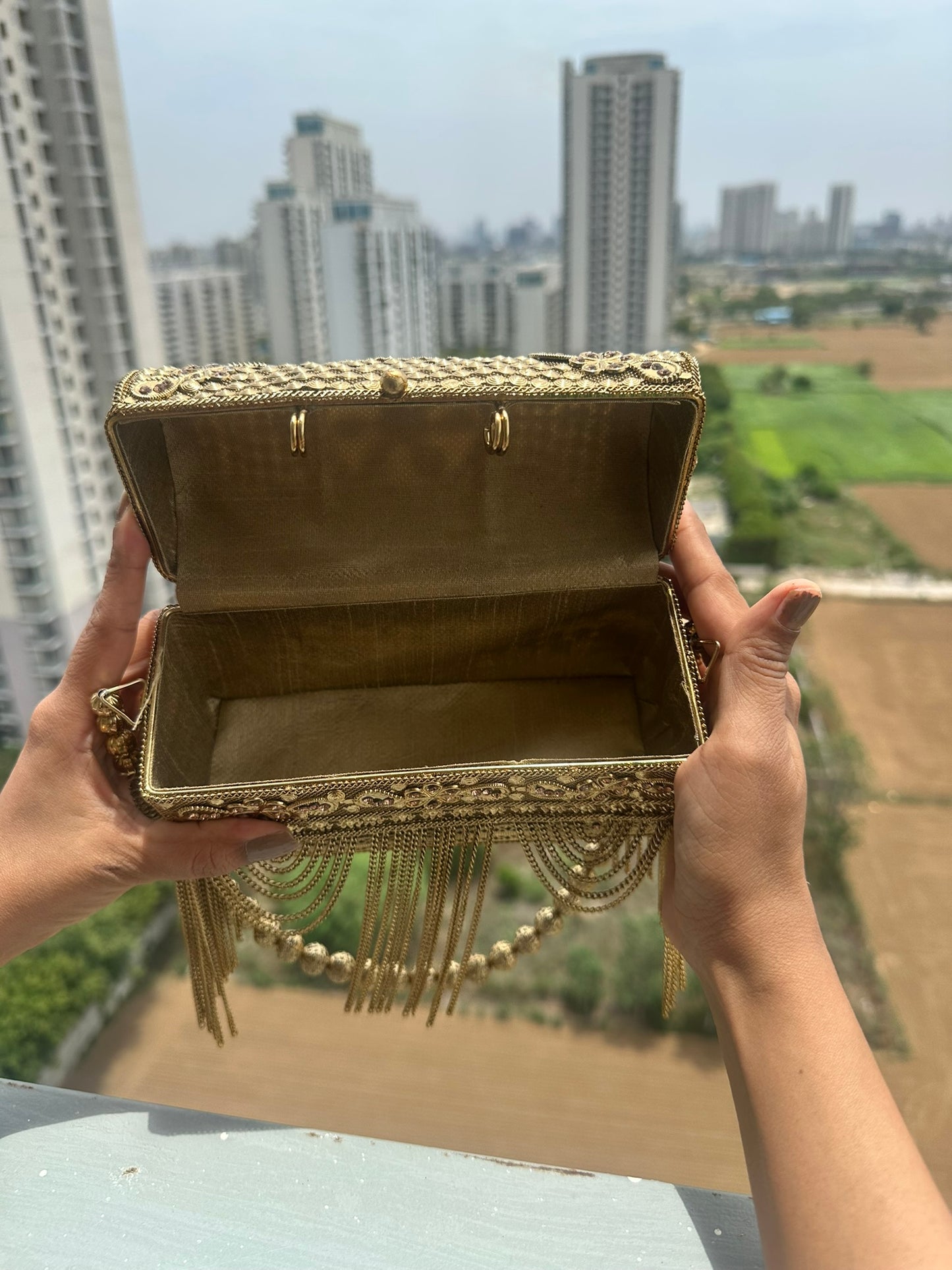 The Noor Fringe Minaudière Box Clutch