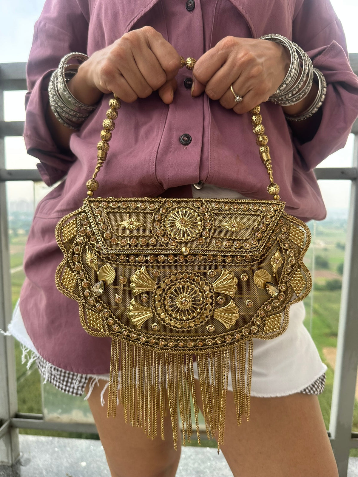 Gold Embellished Evening Clutch Bag with Chain Fringe | Vintage Style Beaded Bridal Clutch | Boho Ethnic Party Handbag for Wedding Guest