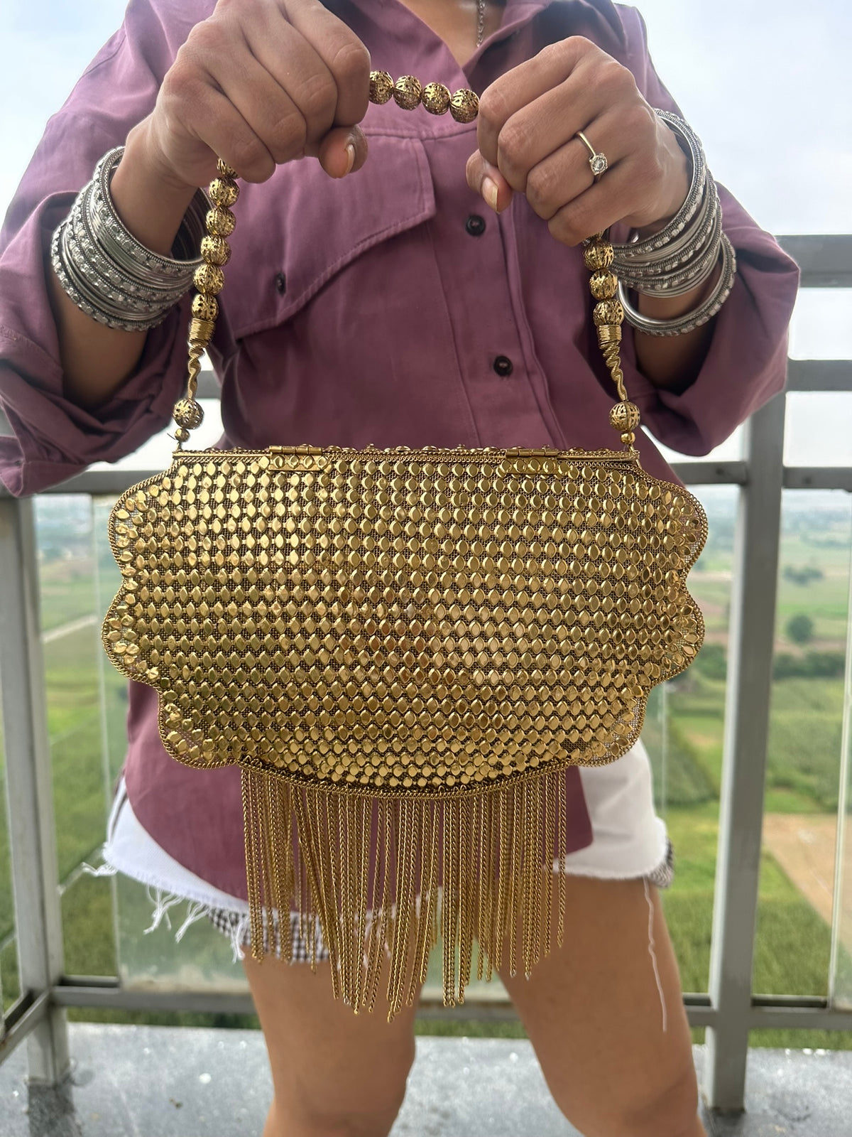 Gold Embellished Evening Clutch Bag with Chain Fringe | Vintage Style Beaded Bridal Clutch | Boho Ethnic Party Handbag for Wedding Guest