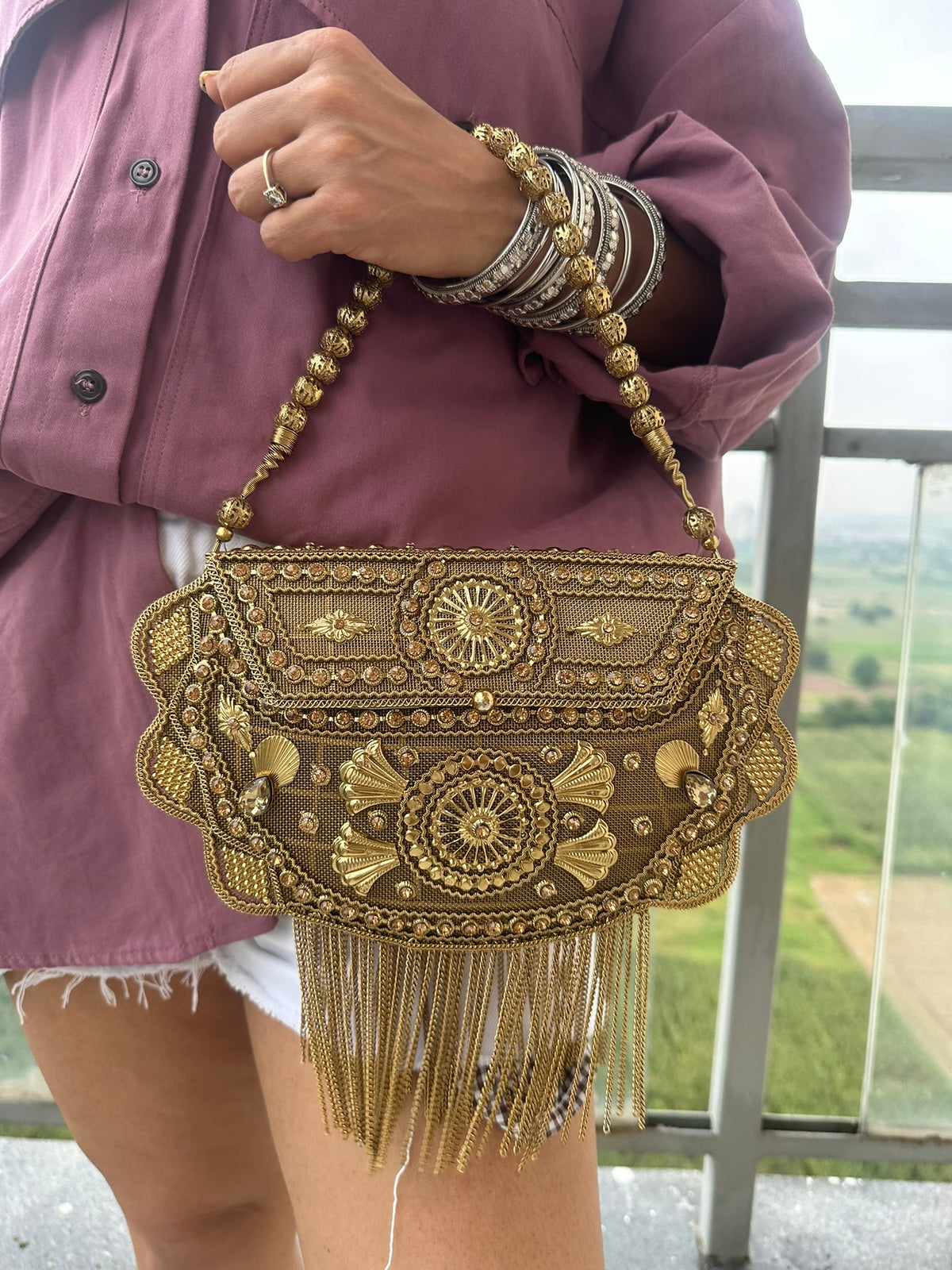 Gold Embellished Evening Clutch Bag with Chain Fringe | Vintage Style Beaded Bridal Clutch | Boho Ethnic Party Handbag for Wedding Guest
