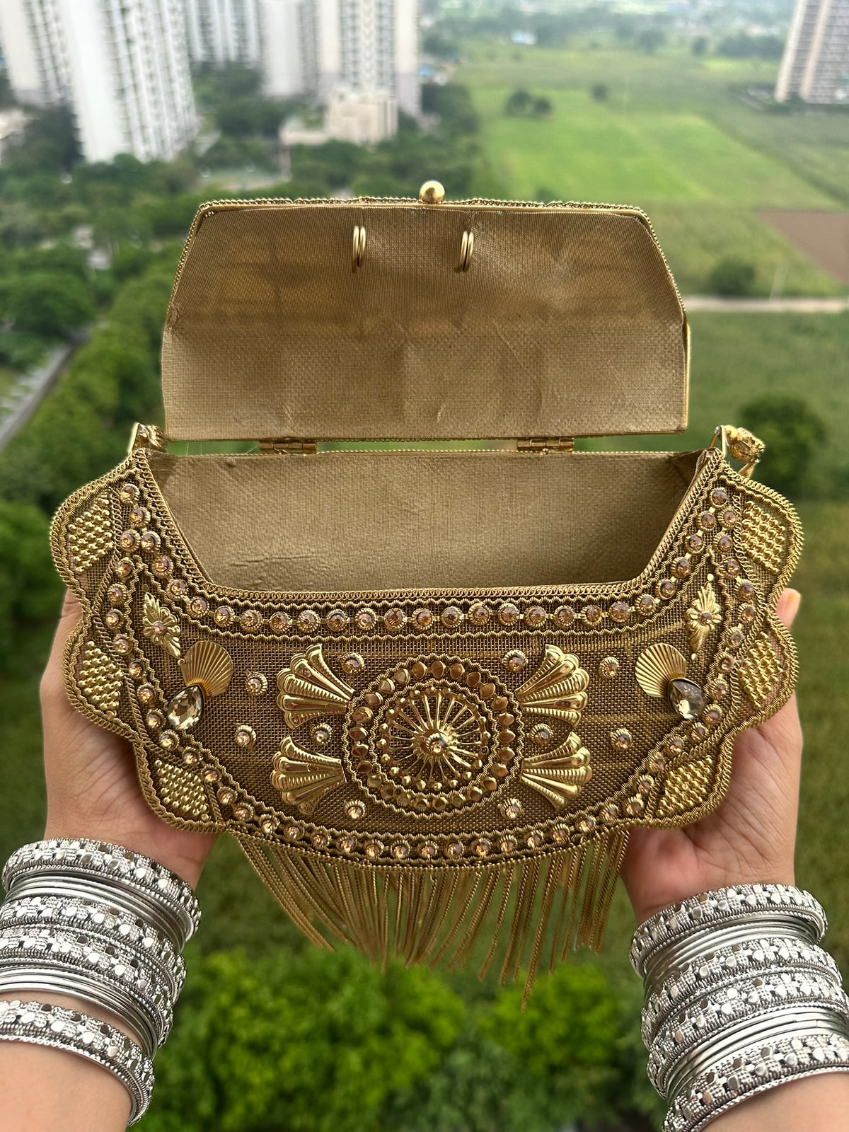 Gold Embellished Evening Clutch Bag with Chain Fringe | Vintage Style Beaded Bridal Clutch | Boho Ethnic Party Handbag for Wedding Guest