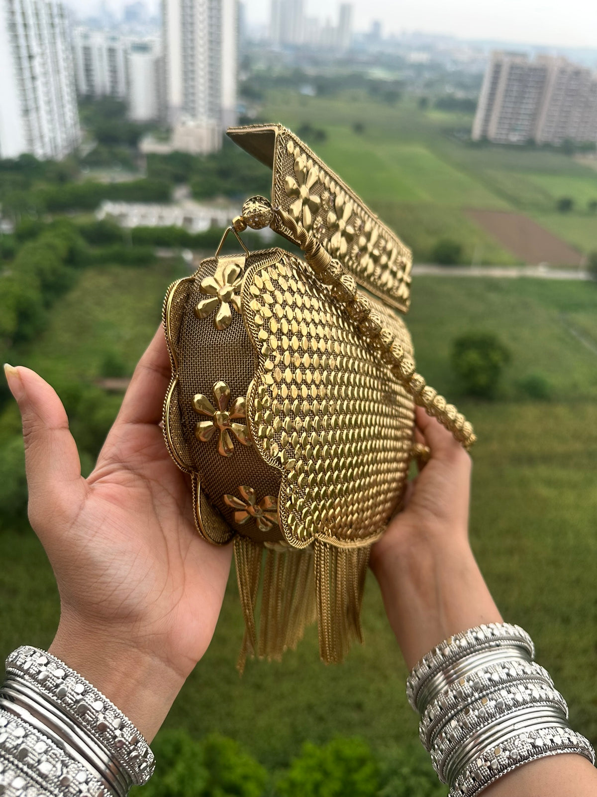 Gold Embellished Evening Clutch Bag with Chain Fringe | Vintage Style Beaded Bridal Clutch | Boho Ethnic Party Handbag for Wedding Guest