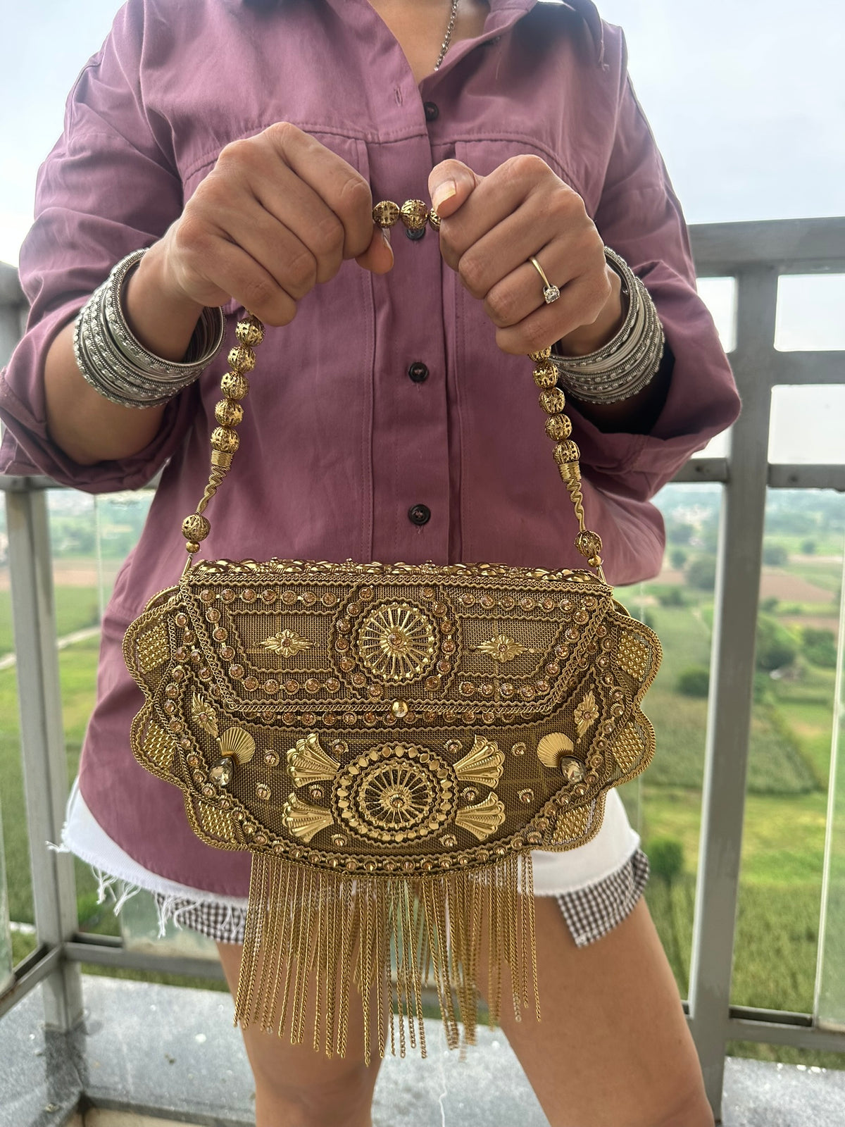 Gold Embellished Evening Clutch Bag with Chain Fringe | Vintage Style Beaded Bridal Clutch | Boho Ethnic Party Handbag for Wedding Guest