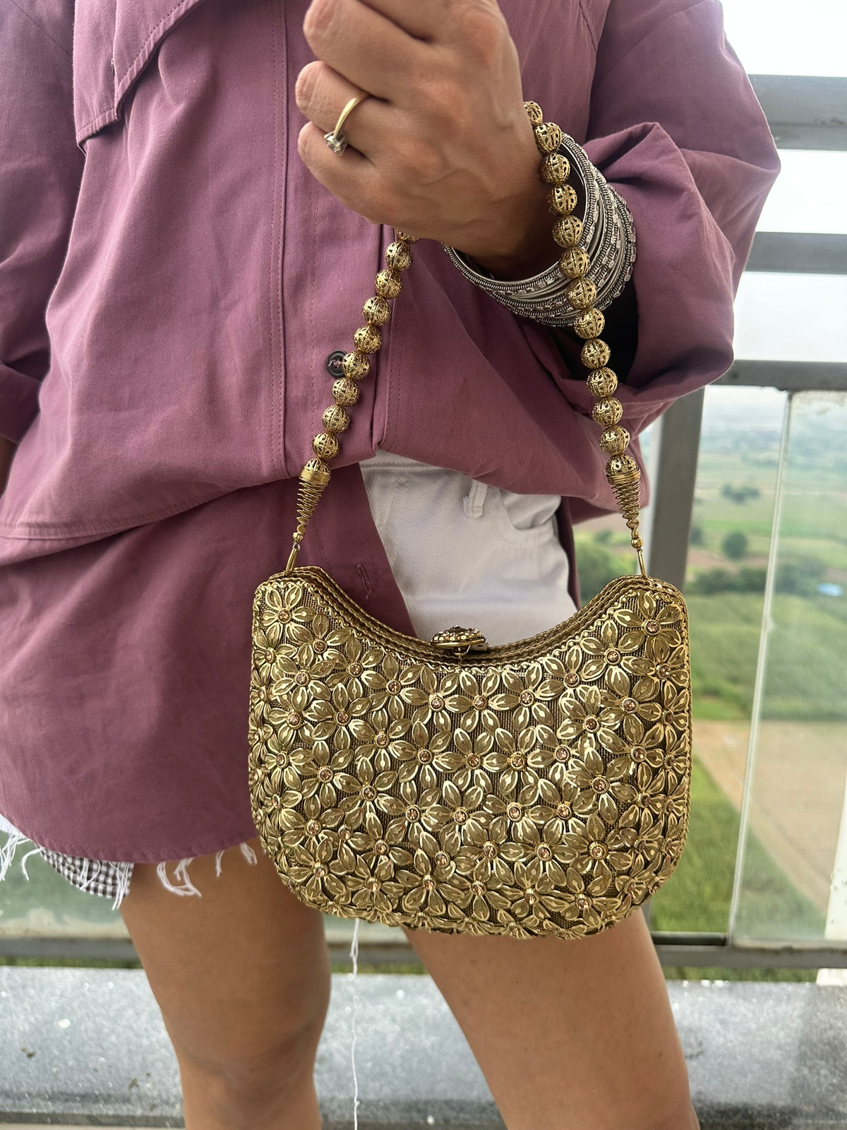 Gold Floral Embellished Evening Bag | Curved Hobo Clutch with Beaded Handle | Vintage Style Metal Mesh Purse for Wedding Guest, Party, Bride