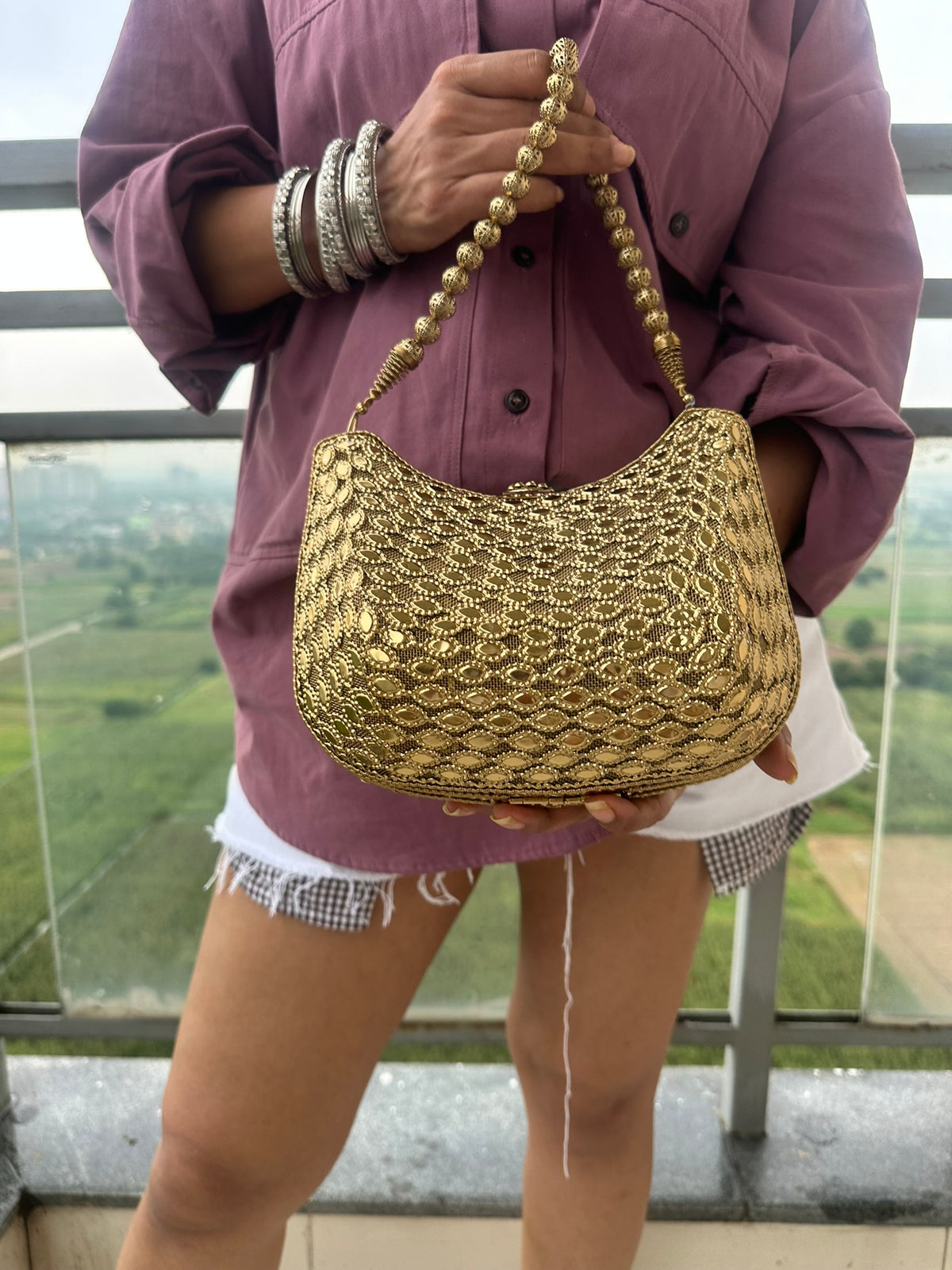 Gold Floral Embellished Evening Bag | Curved Hobo Clutch with Beaded Handle | Vintage Style Metal Mesh Purse for Wedding Guest, Party, Bride