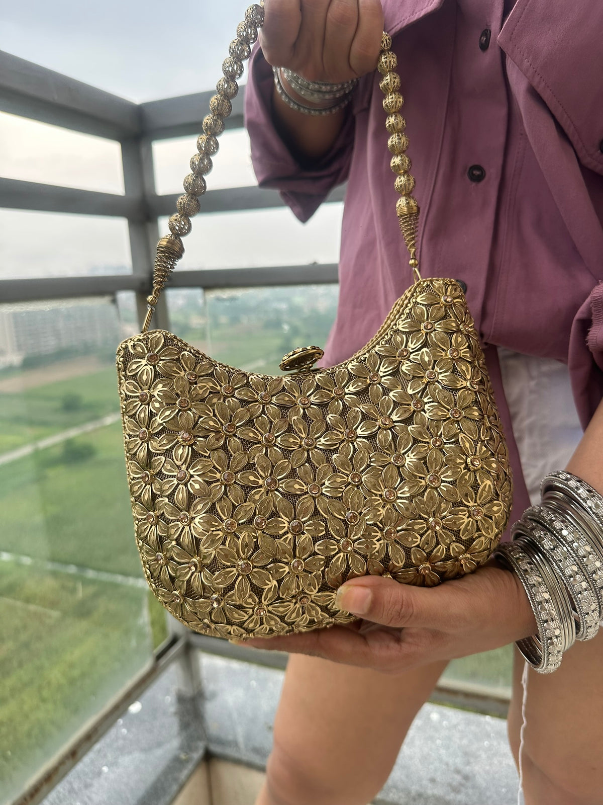 Gold Floral Embellished Evening Bag | Curved Hobo Clutch with Beaded Handle | Vintage Style Metal Mesh Purse for Wedding Guest, Party, Bride