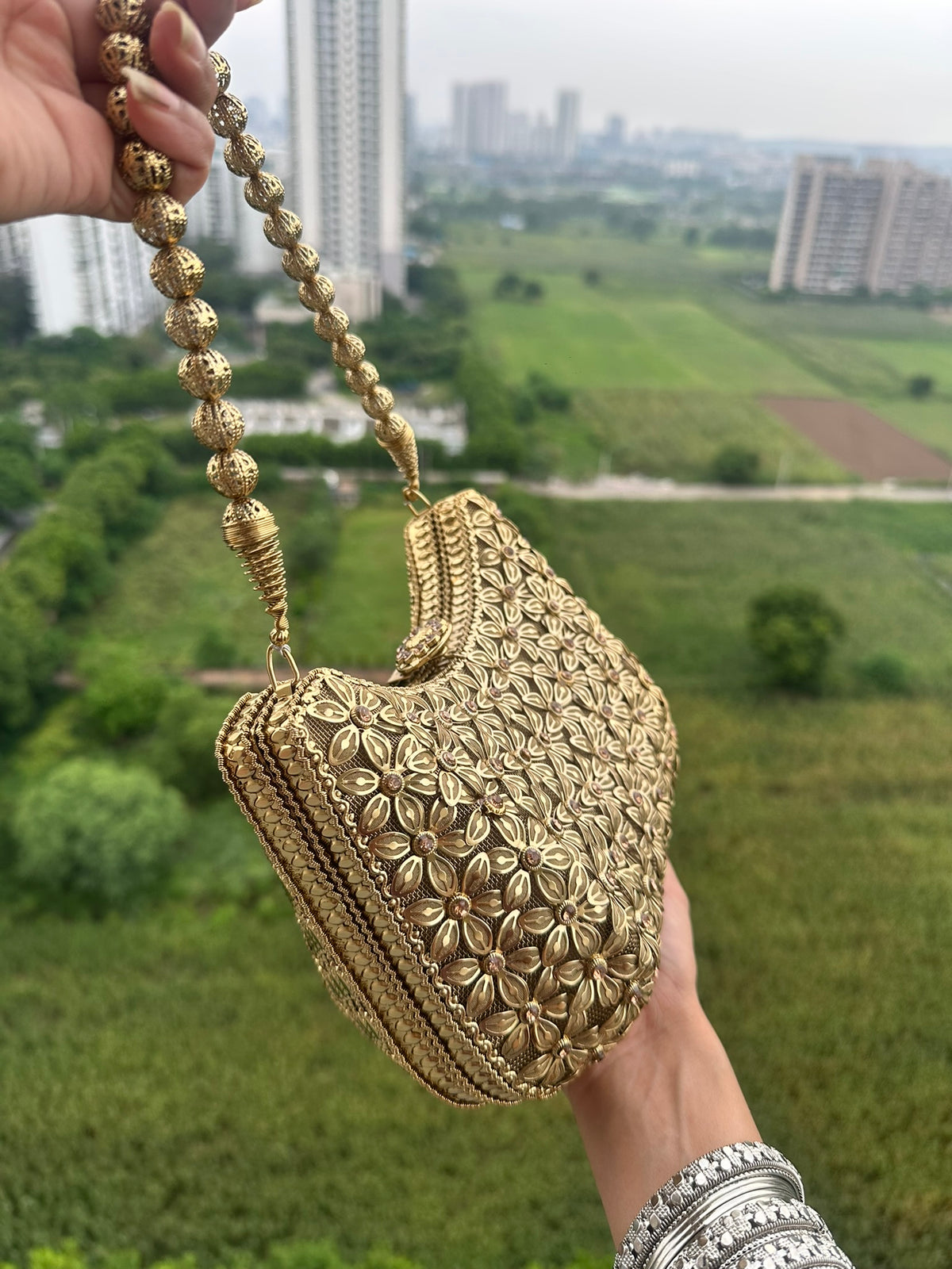 Gold Floral Embellished Evening Bag | Curved Hobo Clutch with Beaded Handle | Vintage Style Metal Mesh Purse for Wedding Guest, Party, Bride