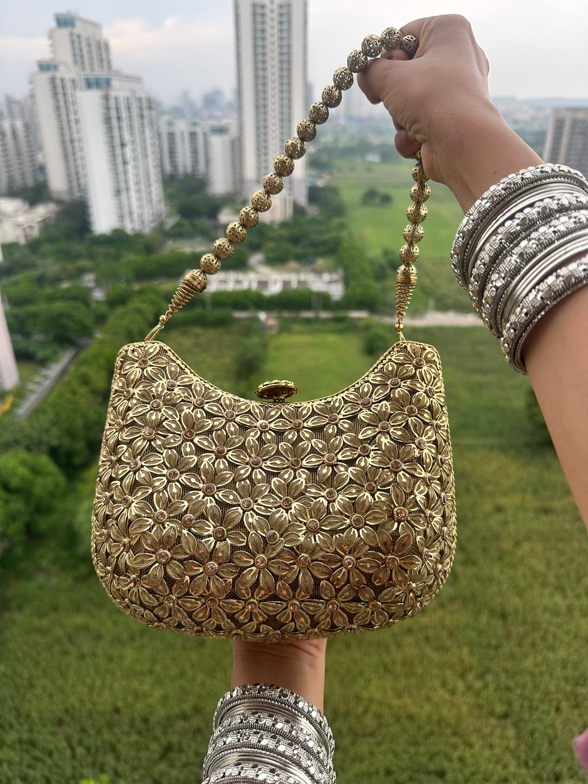 Gold Floral Embellished Evening Bag | Curved Hobo Clutch with Beaded Handle | Vintage Style Metal Mesh Purse for Wedding Guest, Party, Bride
