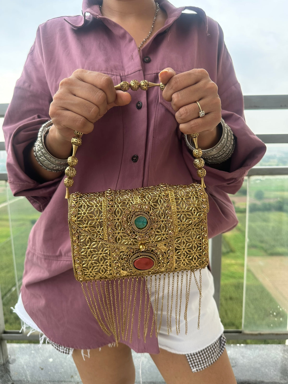 The Zohra Clutch - Gold Turquoise & Coral Embellished Evening Bag | Filigree Beaded Shoulder Bag with Fringe | Boho Ethnic Wedding Purse