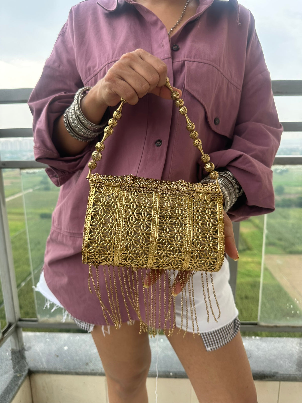 The Zohra Clutch - Gold Turquoise & Coral Embellished Evening Bag | Filigree Beaded Shoulder Bag with Fringe | Boho Ethnic Wedding Purse