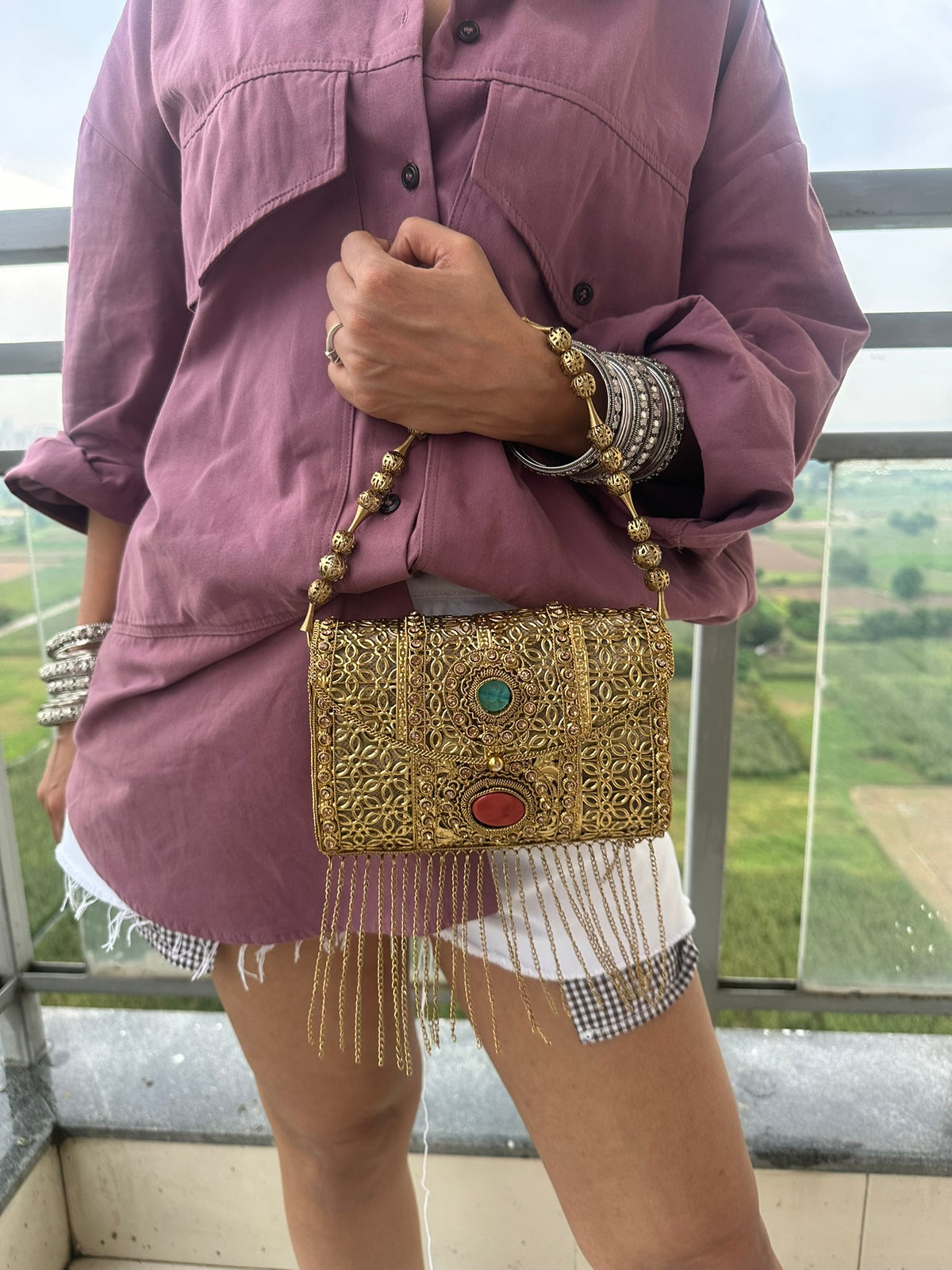 The Zohra Clutch - Gold Turquoise & Coral Embellished Evening Bag | Filigree Beaded Shoulder Bag with Fringe | Boho Ethnic Wedding Purse