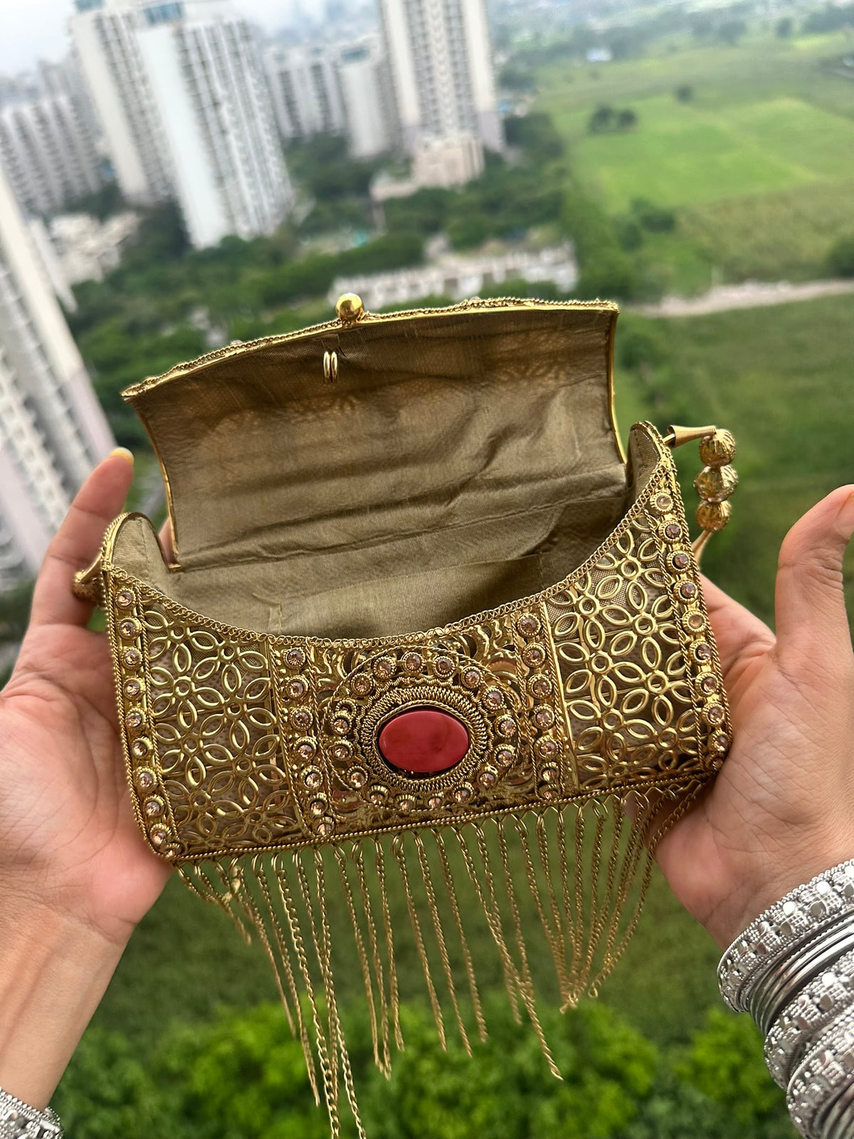 The Zohra Clutch - Gold Turquoise & Coral Embellished Evening Bag | Filigree Beaded Shoulder Bag with Fringe | Boho Ethnic Wedding Purse