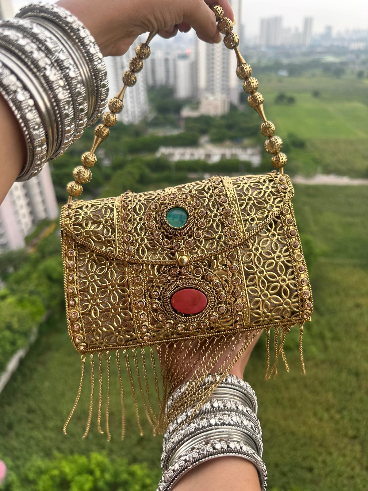 The Zohra Clutch - Gold Turquoise & Coral Embellished Evening Bag | Filigree Beaded Shoulder Bag with Fringe | Boho Ethnic Wedding Purse
