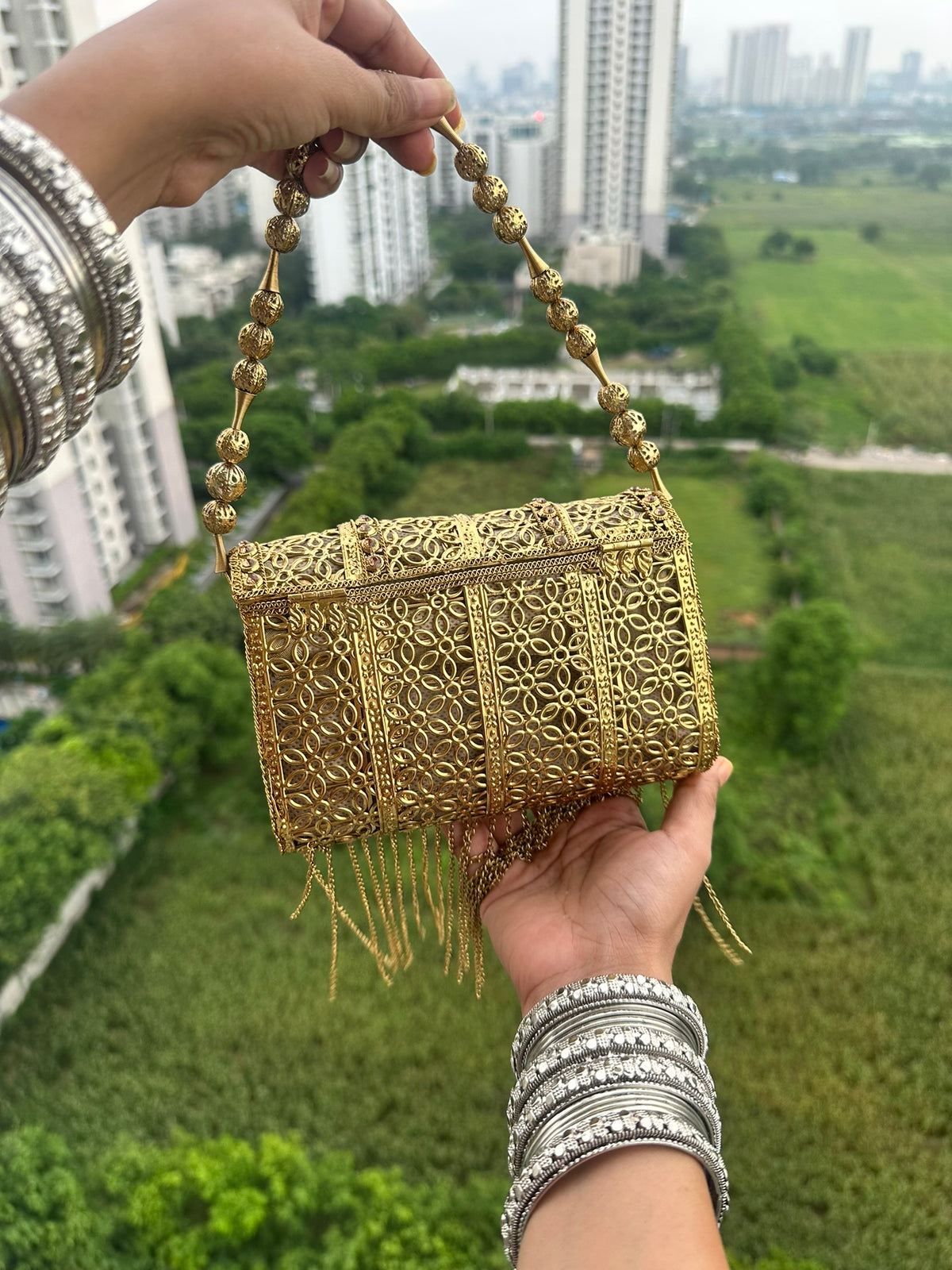 The Zohra Clutch - Gold Turquoise & Coral Embellished Evening Bag | Filigree Beaded Shoulder Bag with Fringe | Boho Ethnic Wedding Purse
