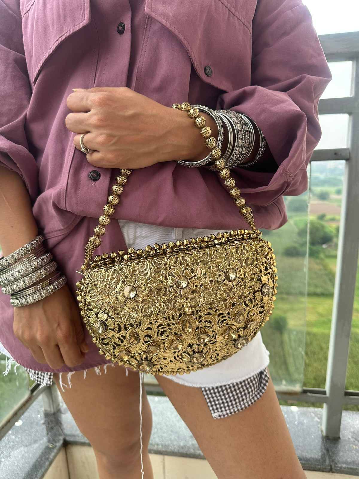 The Noor Clutch - Gold Filigree Half Moon Evening Bag | Crystal Embellished Ghungroo Clutch with Beaded Strap | Vintage Wedding Guest Purse