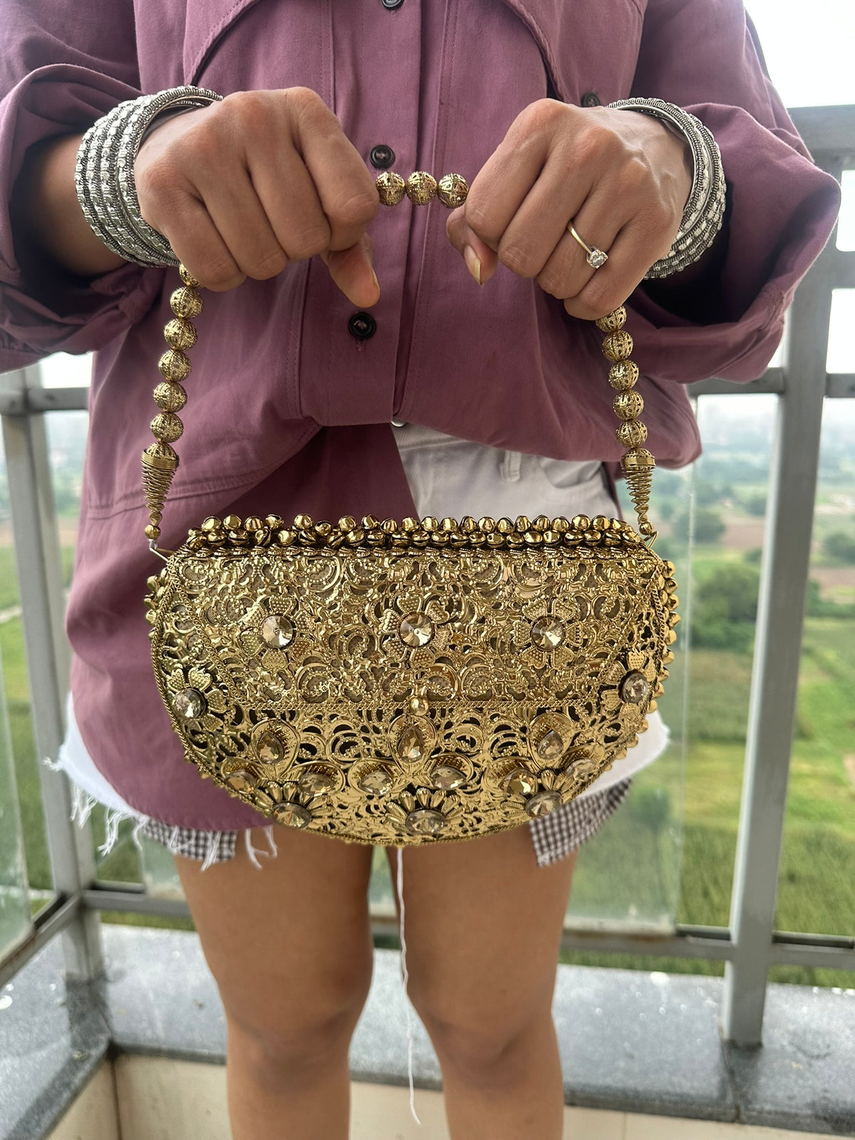 The Noor Clutch - Gold Filigree Half Moon Evening Bag | Crystal Embellished Ghungroo Clutch with Beaded Strap | Vintage Wedding Guest Purse