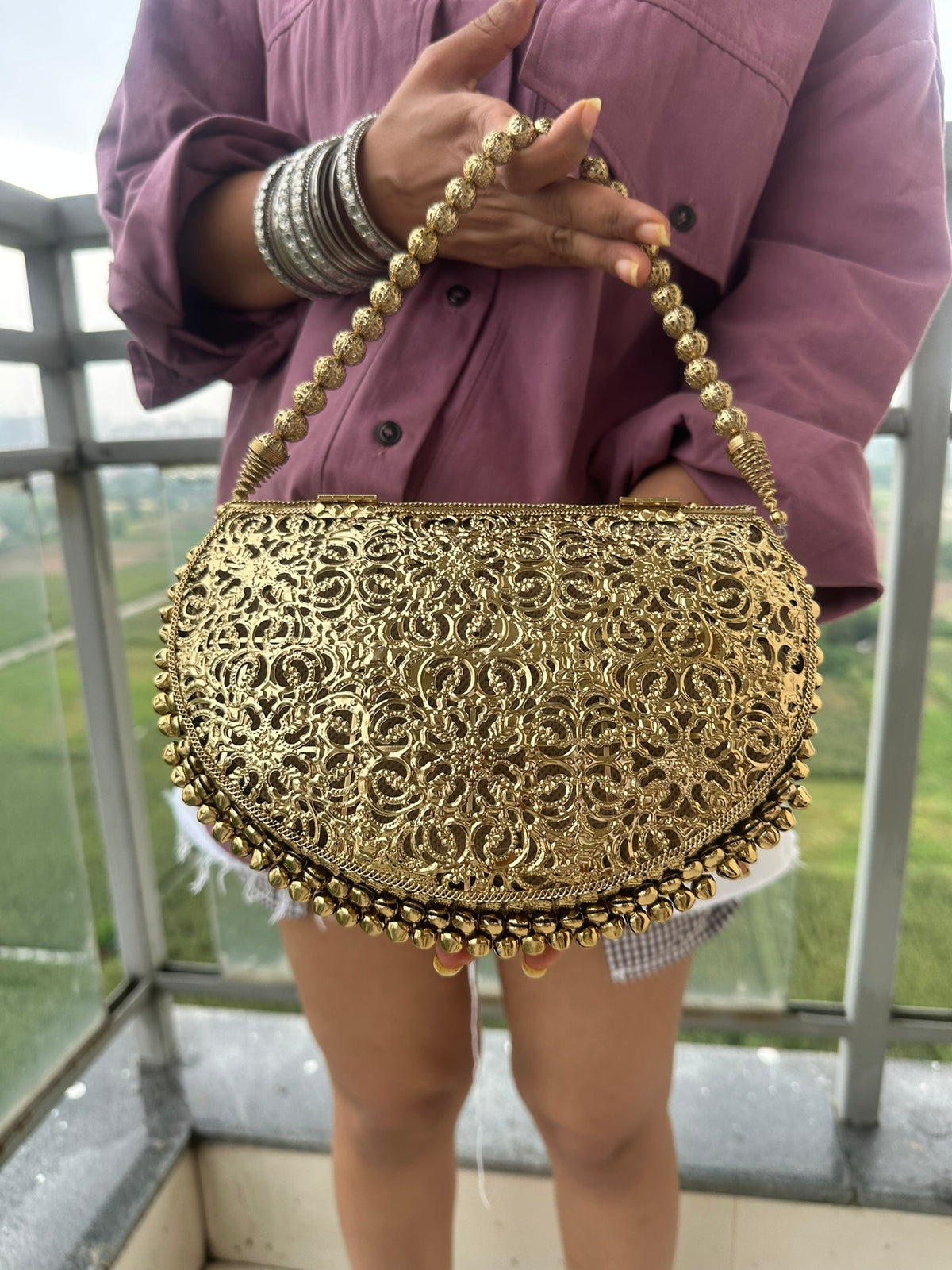 The Noor Clutch - Gold Filigree Half Moon Evening Bag | Crystal Embellished Ghungroo Clutch with Beaded Strap | Vintage Wedding Guest Purse