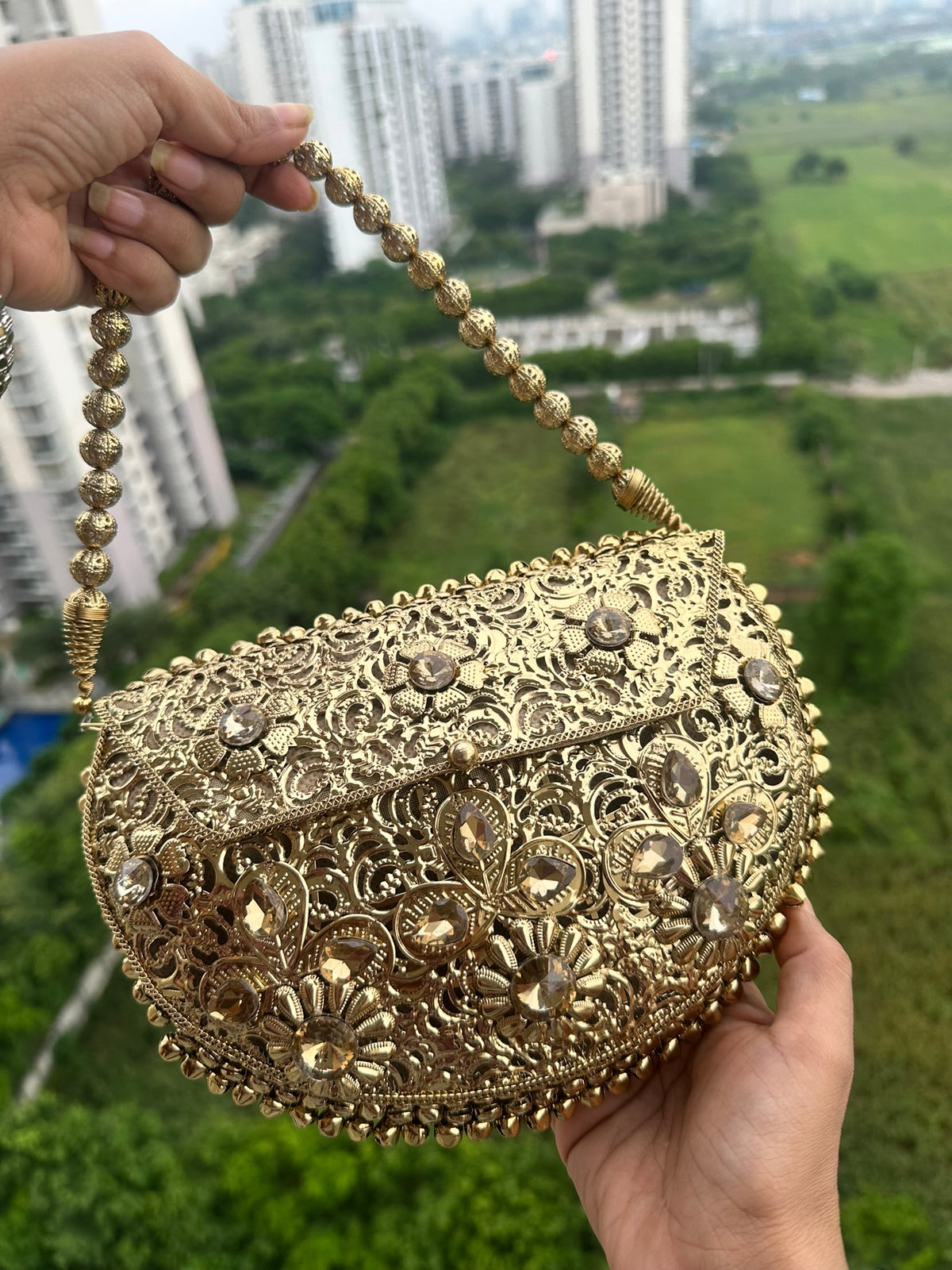The Noor Clutch - Gold Filigree Half Moon Evening Bag | Crystal Embellished Ghungroo Clutch with Beaded Strap | Vintage Wedding Guest Purse