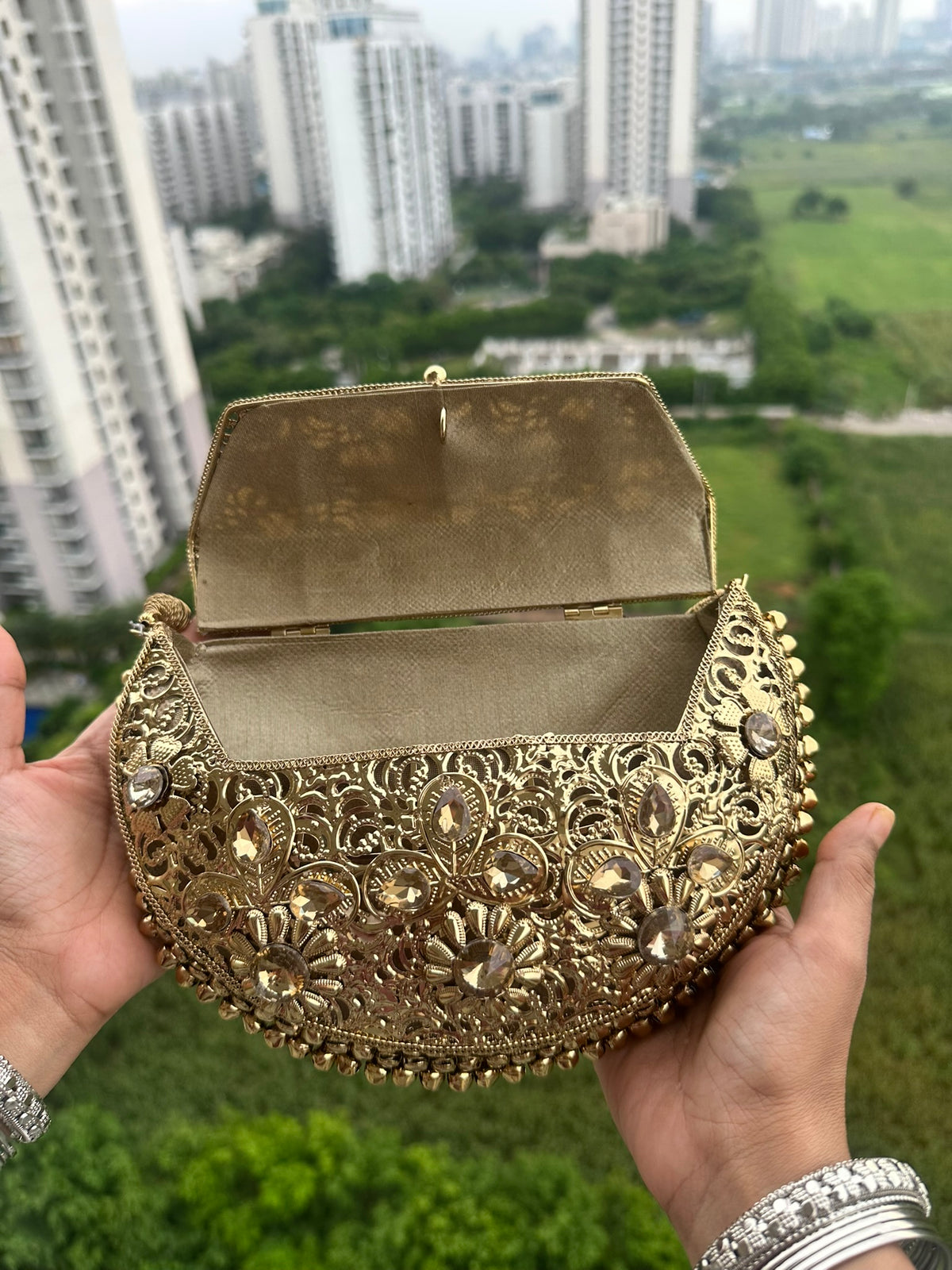 The Noor Clutch - Gold Filigree Half Moon Evening Bag | Crystal Embellished Ghungroo Clutch with Beaded Strap | Vintage Wedding Guest Purse