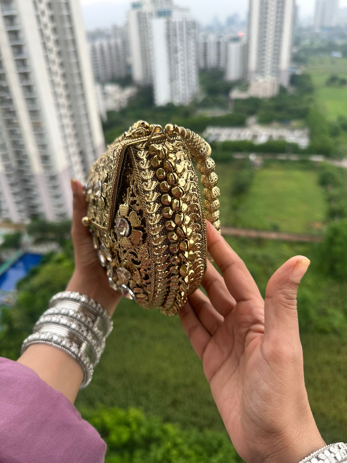 The Noor Clutch - Gold Filigree Half Moon Evening Bag | Crystal Embellished Ghungroo Clutch with Beaded Strap | Vintage Wedding Guest Purse