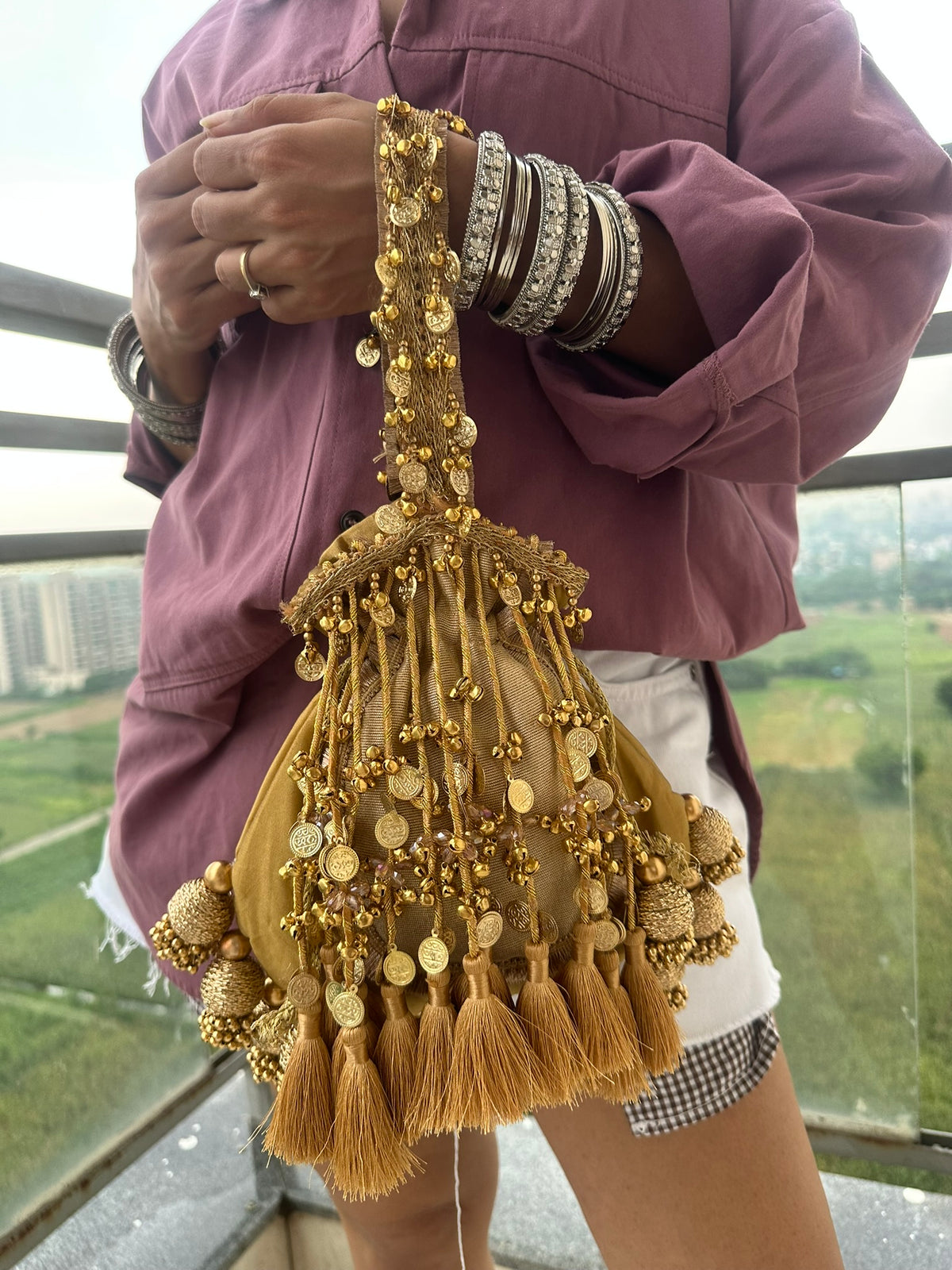The Royal Shehnaai Potli Bag Collection | Traditional Indian Potli Bag with Tassels and Coin Detail | Velvet Silk Drawstring Wedding Wristlet | Bridal Accessories for Mehndi, Sangeet & Festive Wear