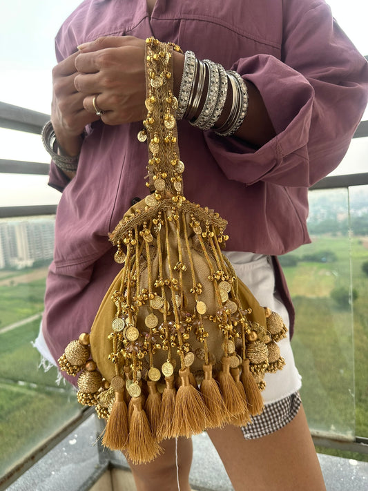 The Royal Shehnaai Potli Bag Collection | Traditional Indian Potli Bag with Tassels and Coin Detail | Velvet Silk Drawstring Wedding Wristlet | Bridal Accessories for Mehndi, Sangeet & Festive Wear