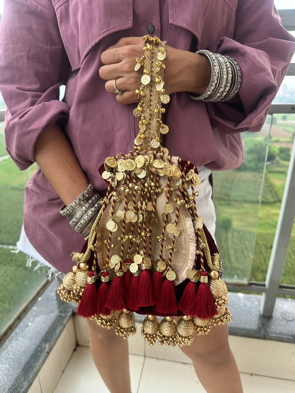 The Royal Shehnaai Potli Bag Collection | Traditional Indian Potli Bag with Tassels and Coin Detail | Velvet Silk Drawstring Wedding Wristlet | Bridal Accessories for Mehndi, Sangeet & Festive Wear