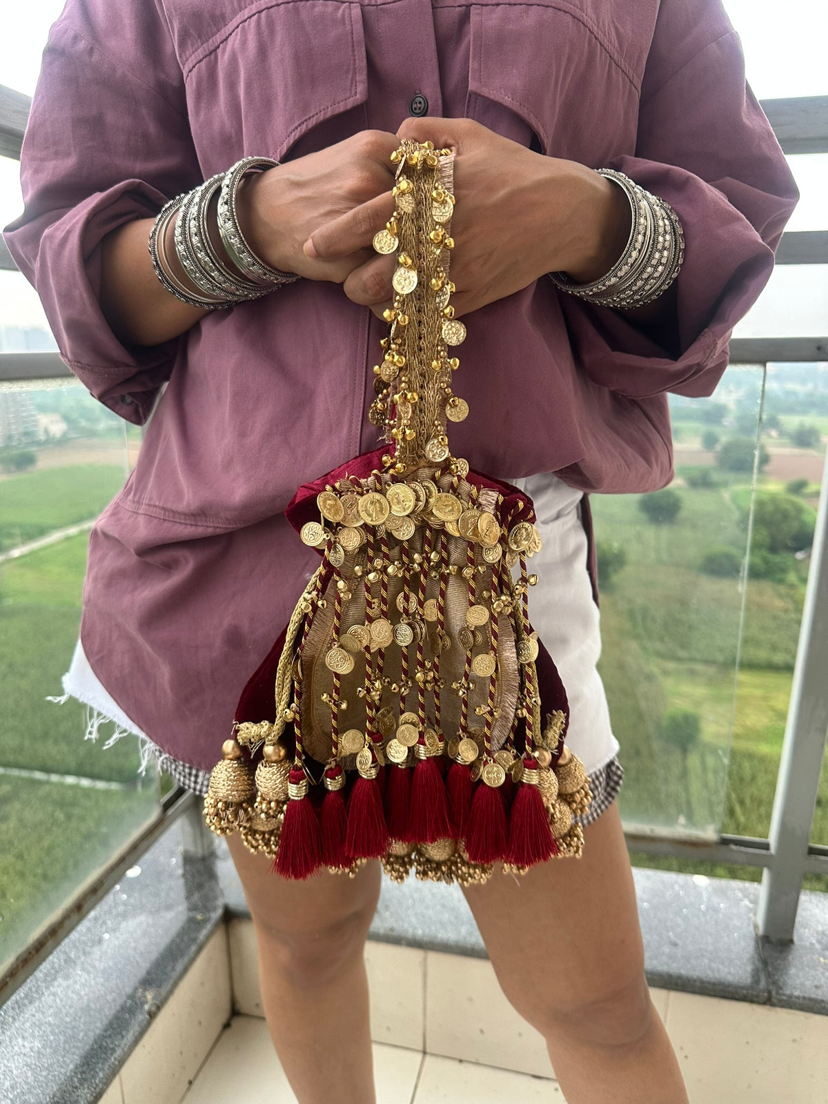 The Royal Shehnaai Potli Bag Collection | Traditional Indian Potli Bag with Tassels and Coin Detail | Velvet Silk Drawstring Wedding Wristlet | Bridal Accessories for Mehndi, Sangeet & Festive Wear