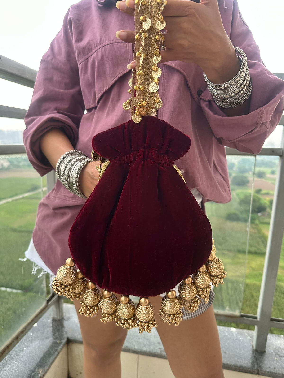 The Royal Shehnaai Potli Bag Collection | Traditional Indian Potli Bag with Tassels and Coin Detail | Velvet Silk Drawstring Wedding Wristlet | Bridal Accessories for Mehndi, Sangeet & Festive Wear