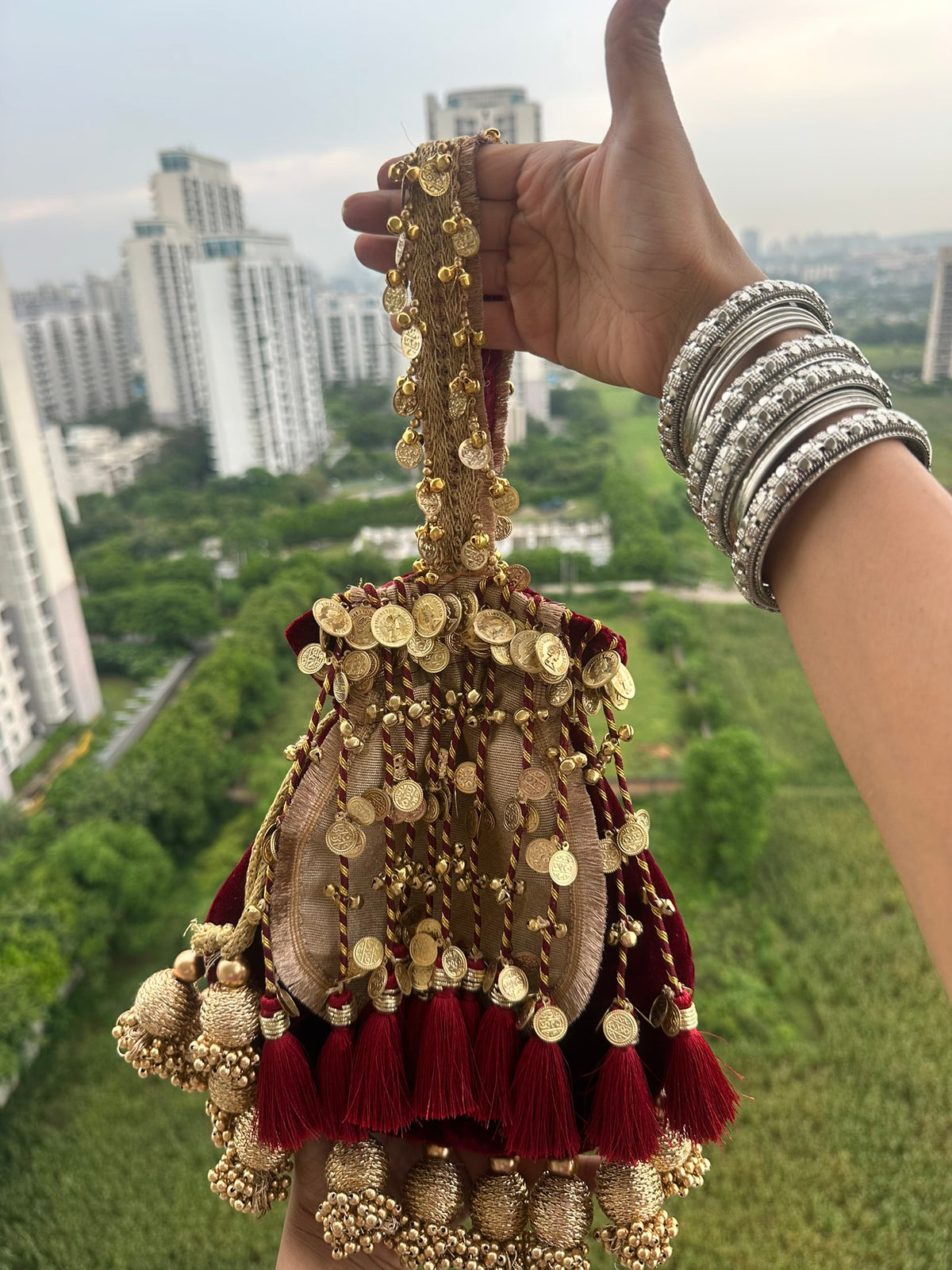 The Royal Shehnaai Potli Bag Collection | Traditional Indian Potli Bag with Tassels and Coin Detail | Velvet Silk Drawstring Wedding Wristlet | Bridal Accessories for Mehndi, Sangeet & Festive Wear