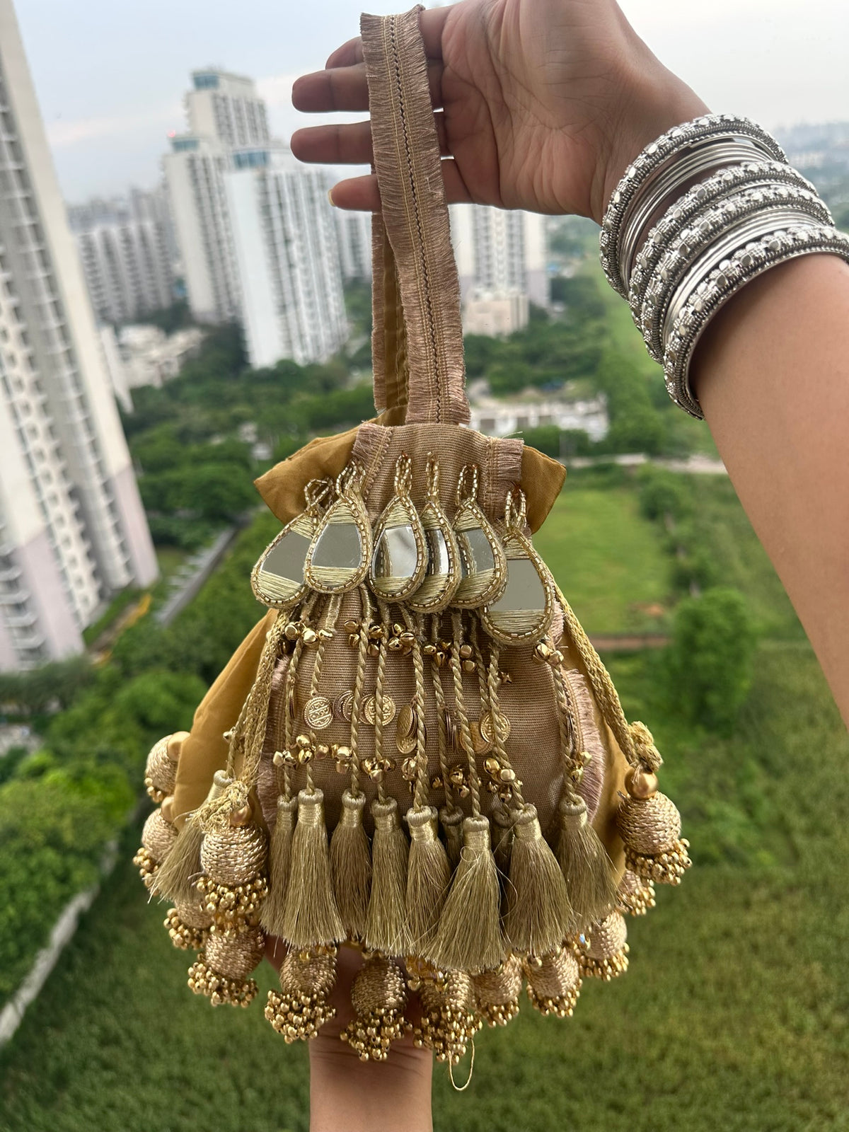 The Royal Shehnaai Potli Bag Collection | Traditional Indian Potli Bag with Tassels and Coin Detail | Velvet Silk Drawstring Wedding Wristlet | Bridal Accessories for Mehndi, Sangeet & Festive Wear
