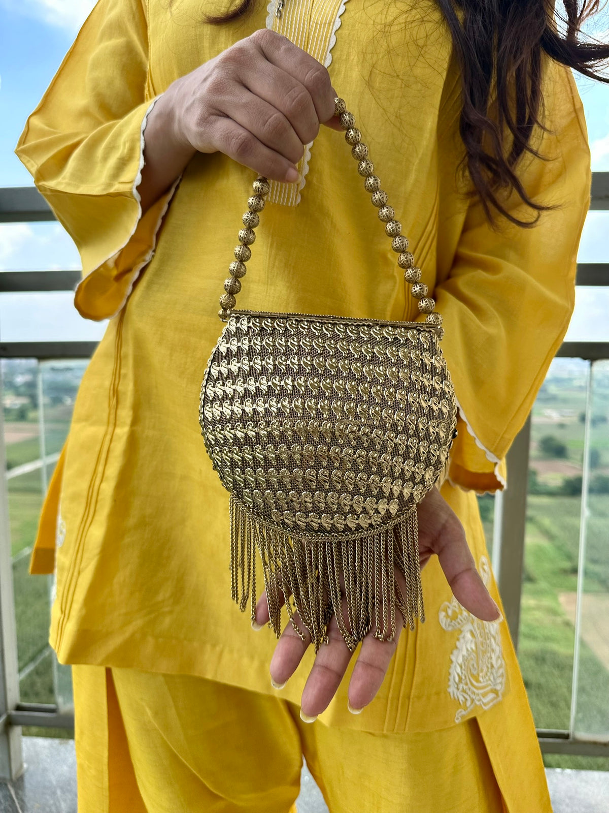The SITARA Clutch - Antique Gold Round Saddle Clutch Bag with Fringe | Embellished Crescent Handbag with Beaded Strap | Bridal Evening Purse