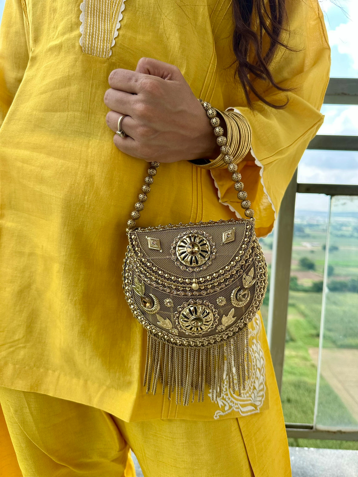 The SITARA Clutch - Antique Gold Round Saddle Clutch Bag with Fringe | Embellished Crescent Handbag with Beaded Strap | Bridal Evening Purse