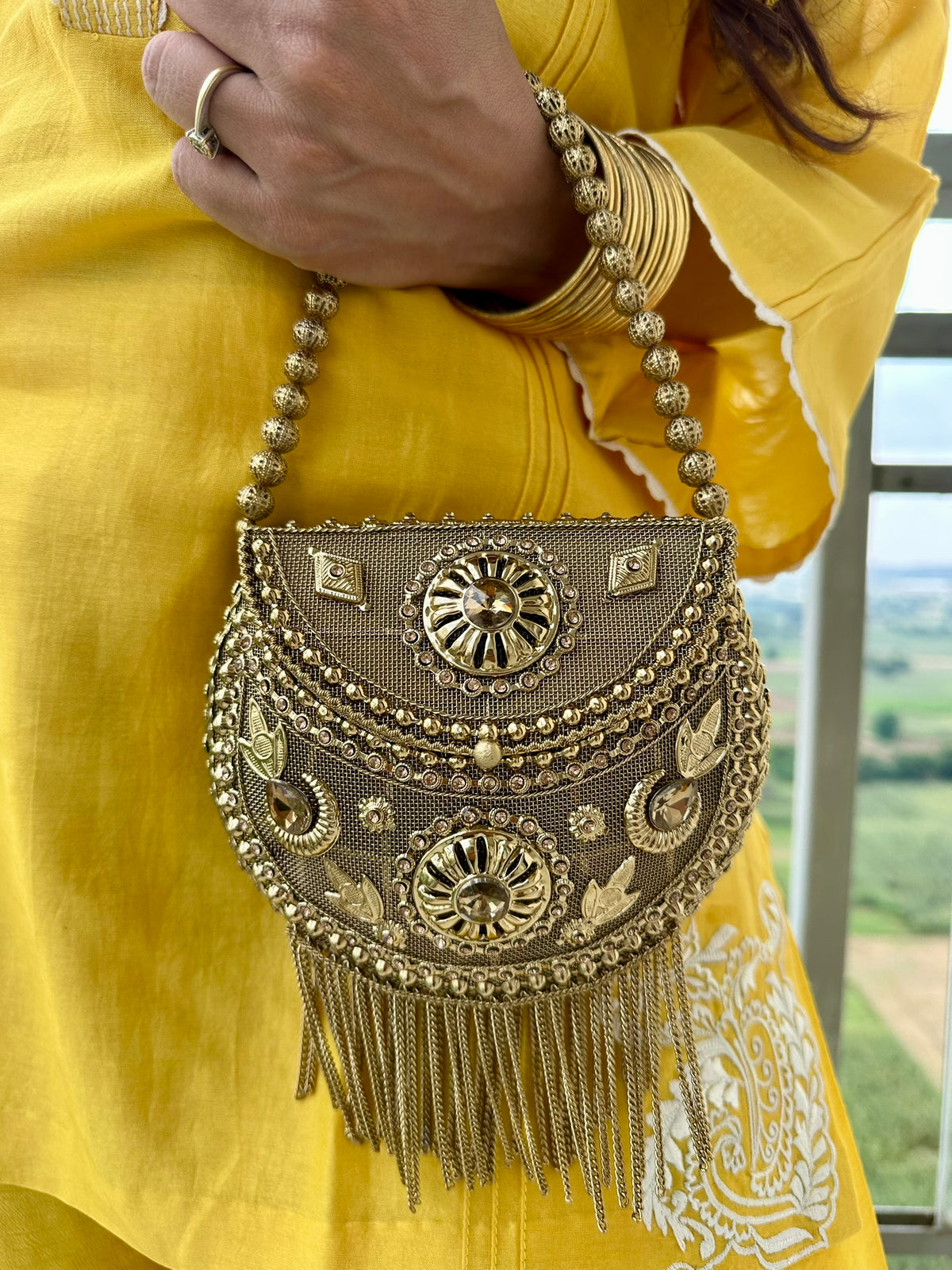 The SITARA Clutch - Antique Gold Round Saddle Clutch Bag with Fringe | Embellished Crescent Handbag with Beaded Strap | Bridal Evening Purse