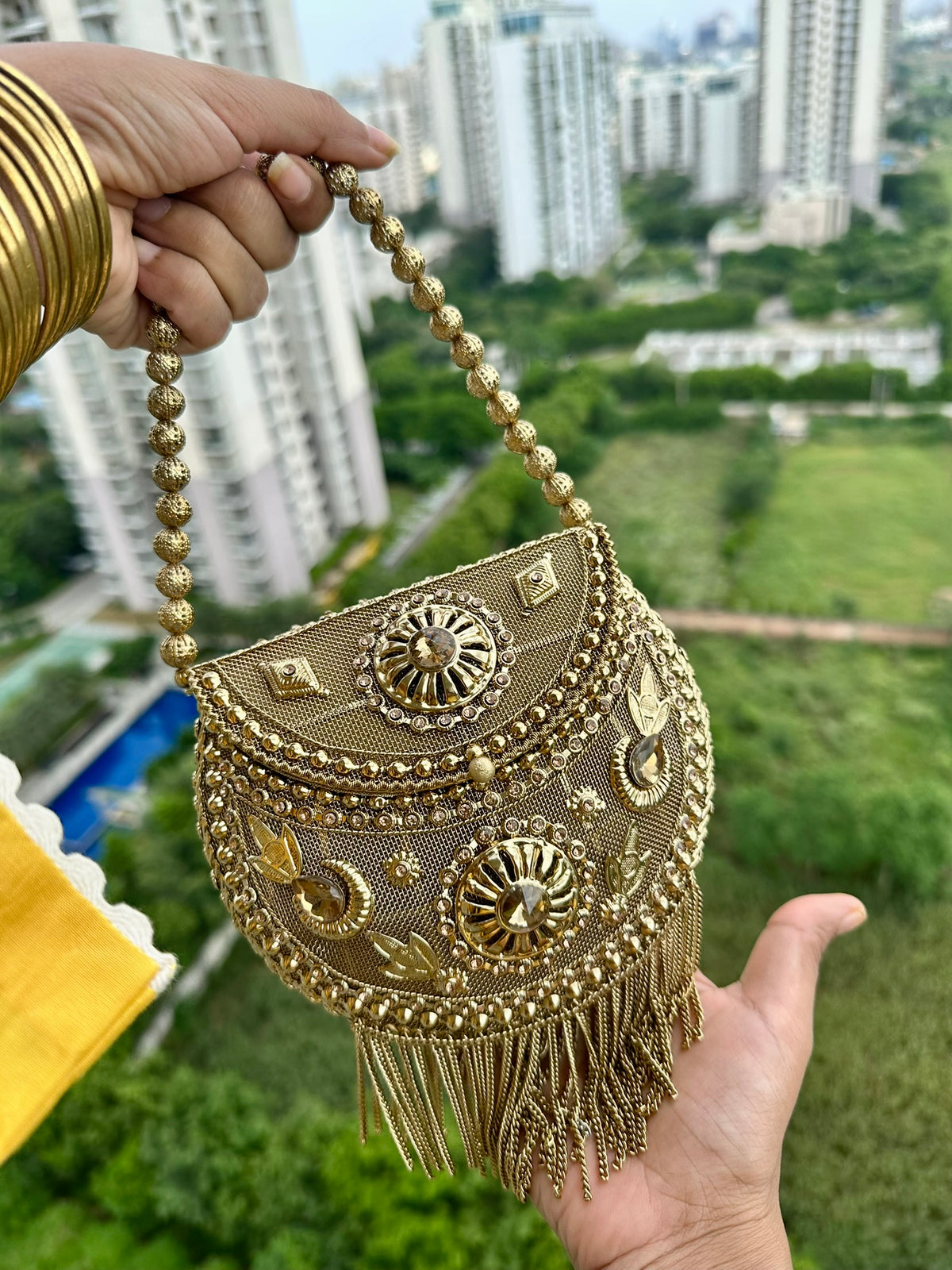 The SITARA Clutch - Antique Gold Round Saddle Clutch Bag with Fringe | Embellished Crescent Handbag with Beaded Strap | Bridal Evening Purse