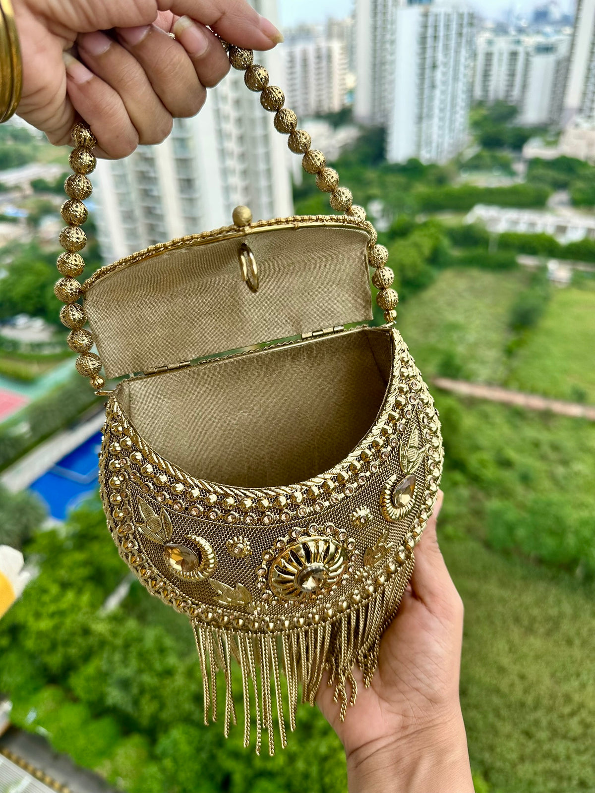The SITARA Clutch - Antique Gold Round Saddle Clutch Bag with Fringe | Embellished Crescent Handbag with Beaded Strap | Bridal Evening Purse