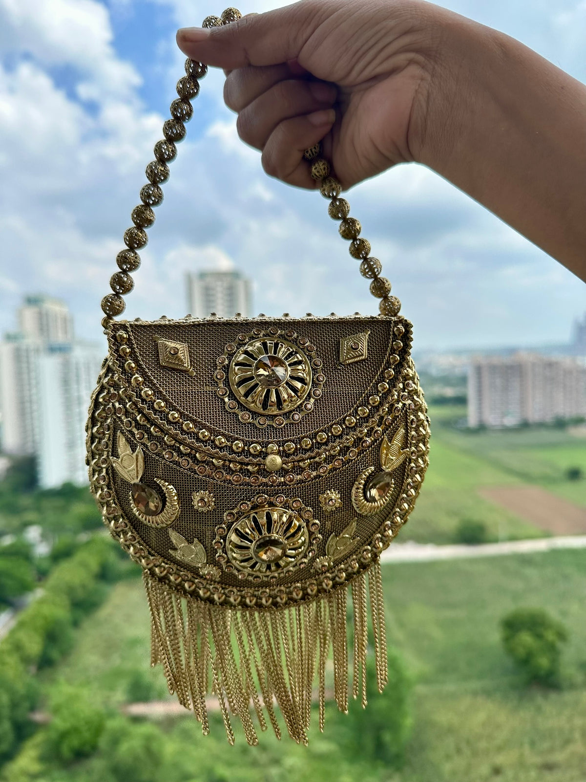 The SITARA Clutch - Antique Gold Round Saddle Clutch Bag with Fringe | Embellished Crescent Handbag with Beaded Strap | Bridal Evening Purse