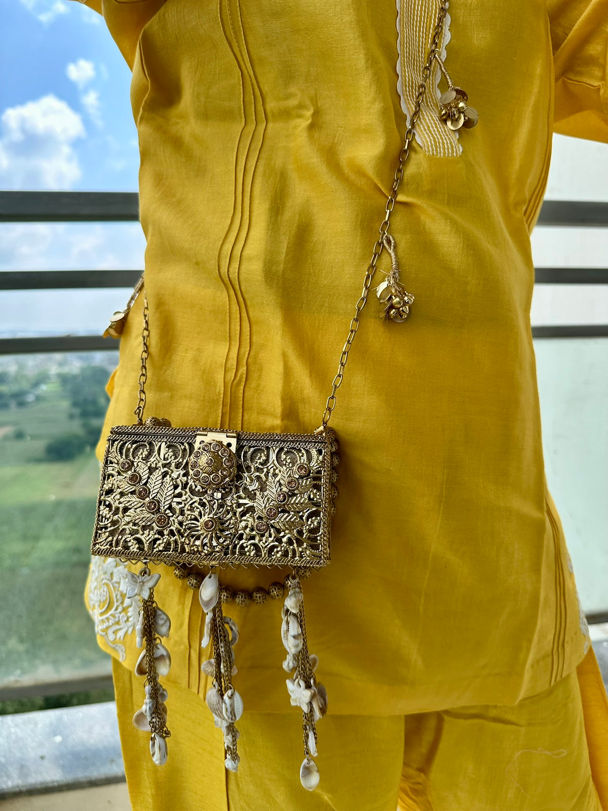 The SAMUDRA Box Clutch - Gold Filigree Metal Box Purse with Seashell Tassels & Beaded Strap | Boho Beach Wedding Evening Clutch